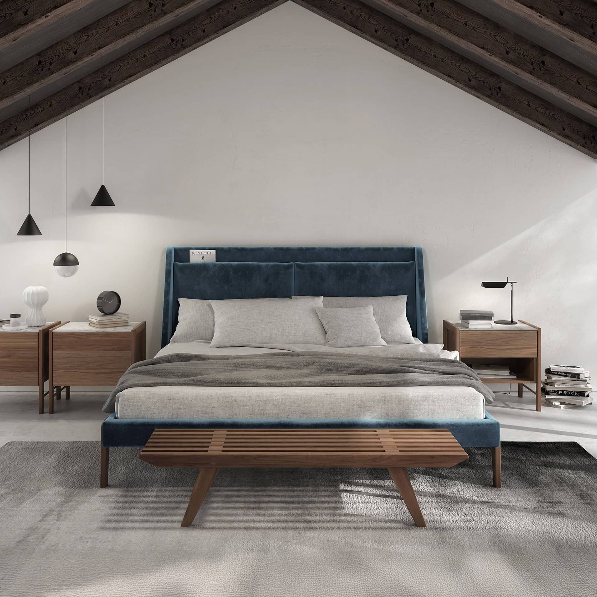 Frida Bed in a modern bedroom setting with upholstered headboard and wooden legs.