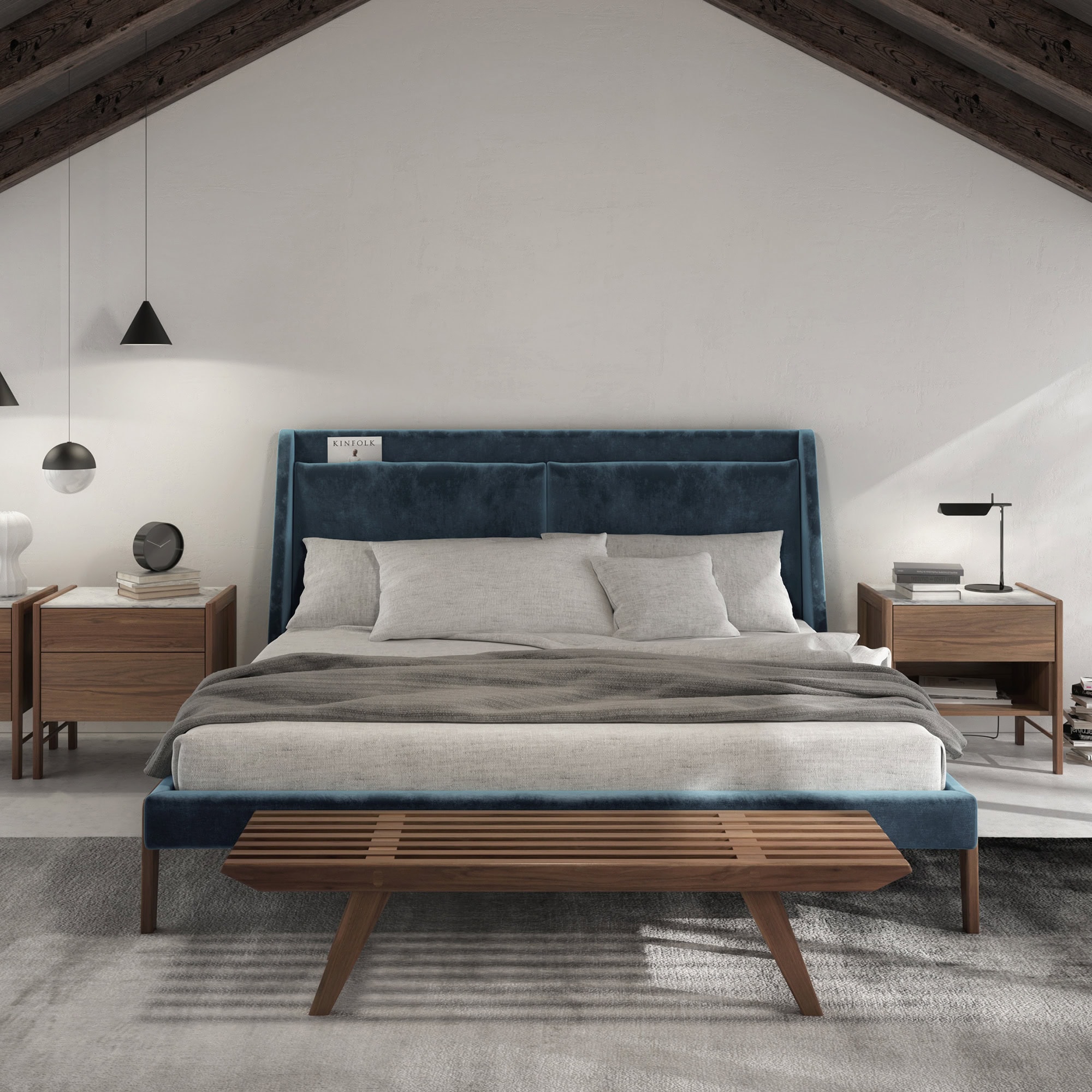 Frida Bed in walnut and upholstered frame shown in a modern bedroom with side tables and bench.