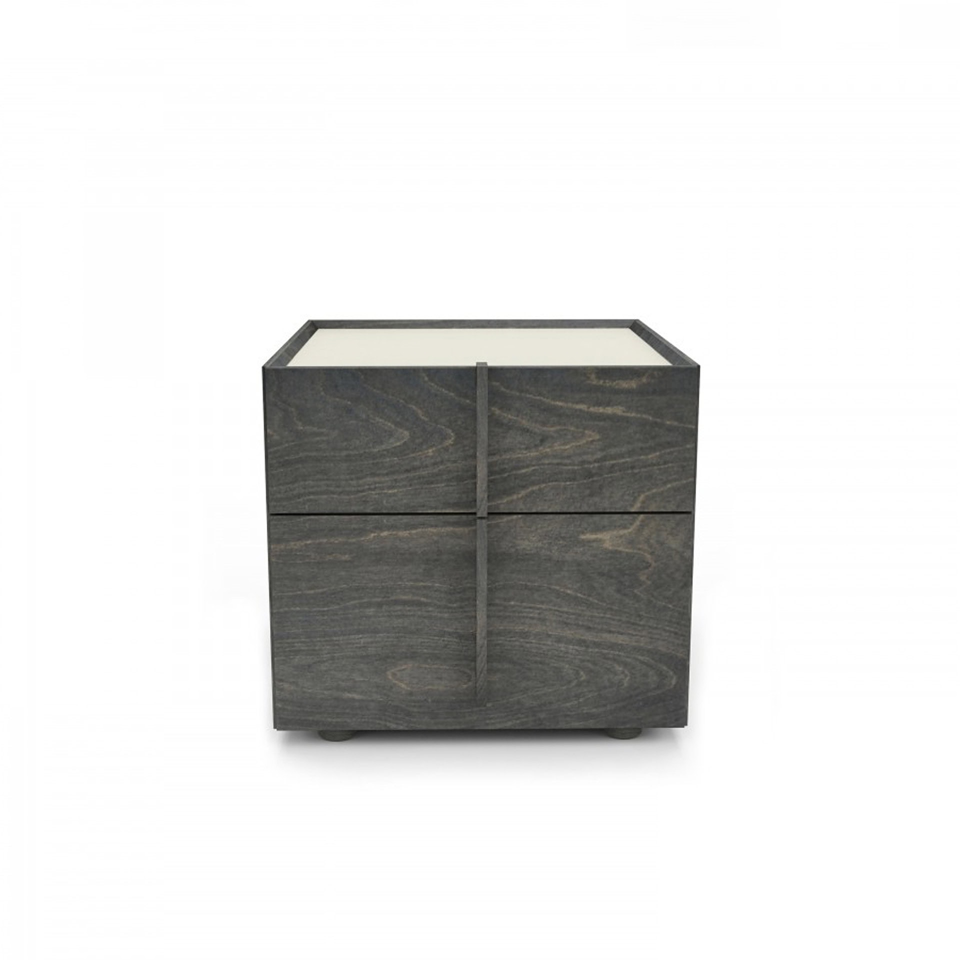 A dark gray wooden cube-shaped nightstand with a light, recessed top and a cross-shaped panel design on the front, set against a white background.
