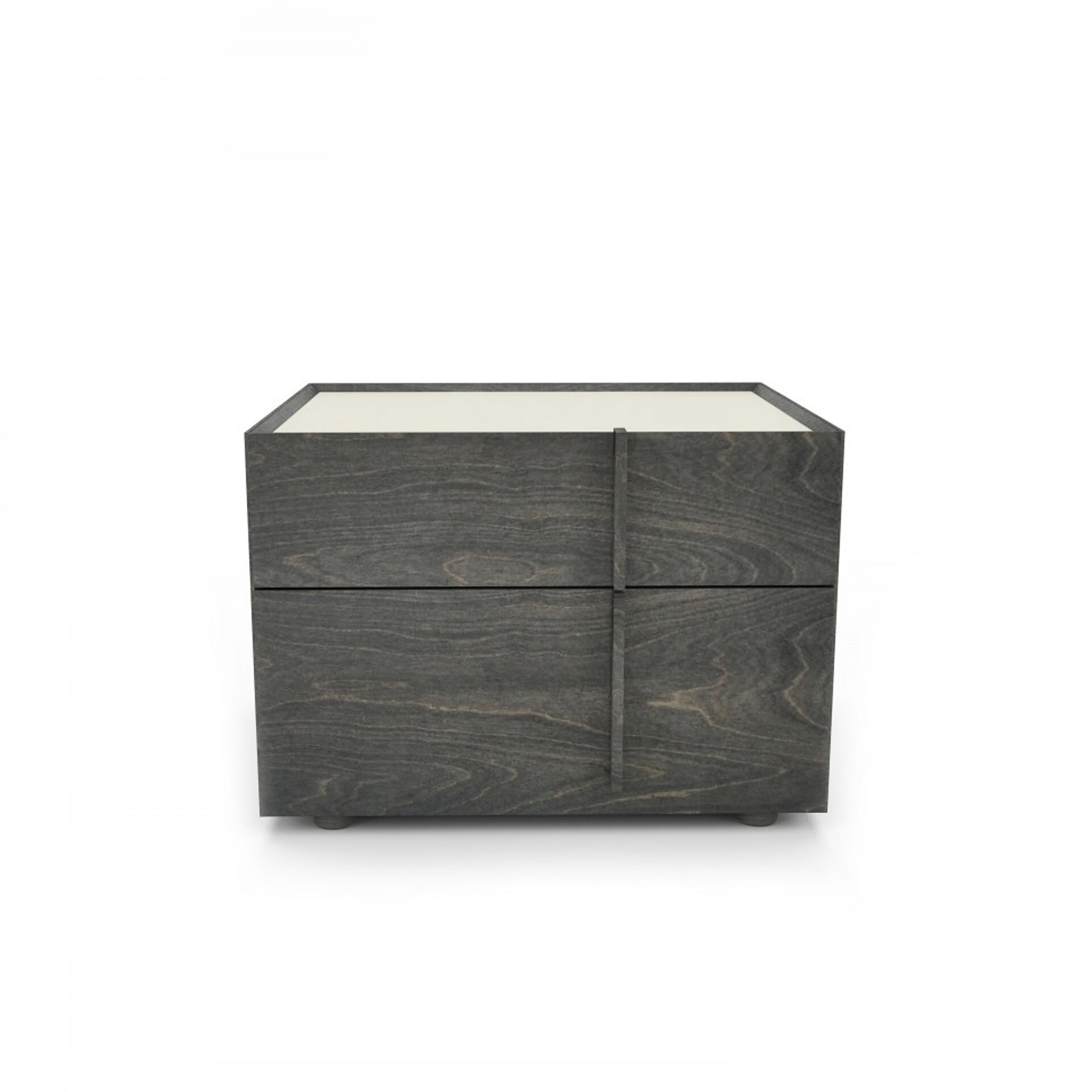 A modern, dark grey wooden nightstand with two drawers, a light cream top, and a vertical wood strip accent on the front, set against a white background.