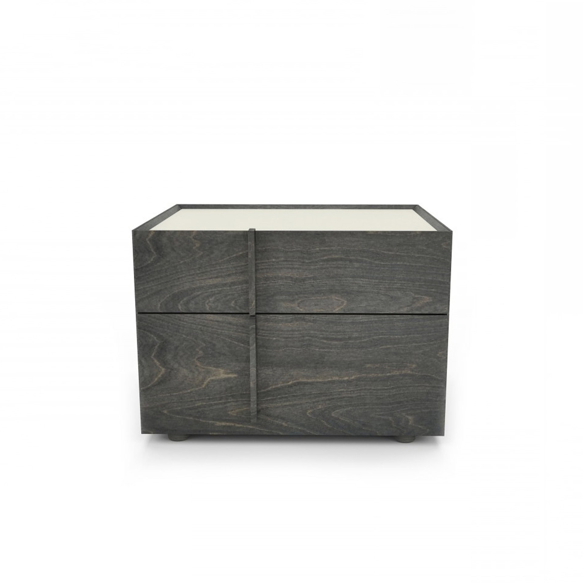 A dark gray-brown wooden nightstand with a light cream top. The front features a raised cross-shaped design.