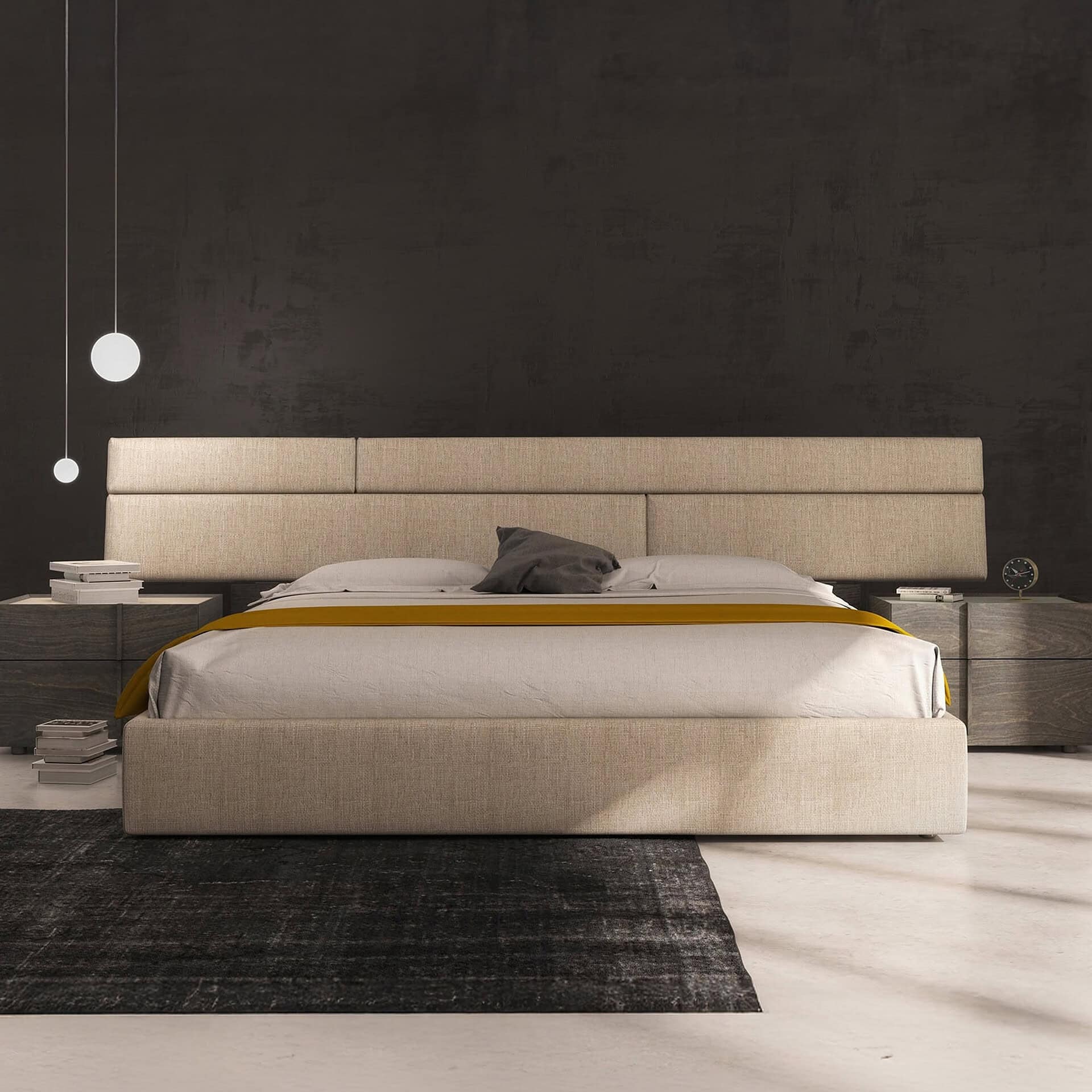 Elegant Plank Upholstered Bed with modern design and neutral fabric. Perfect for contemporary bedroo.