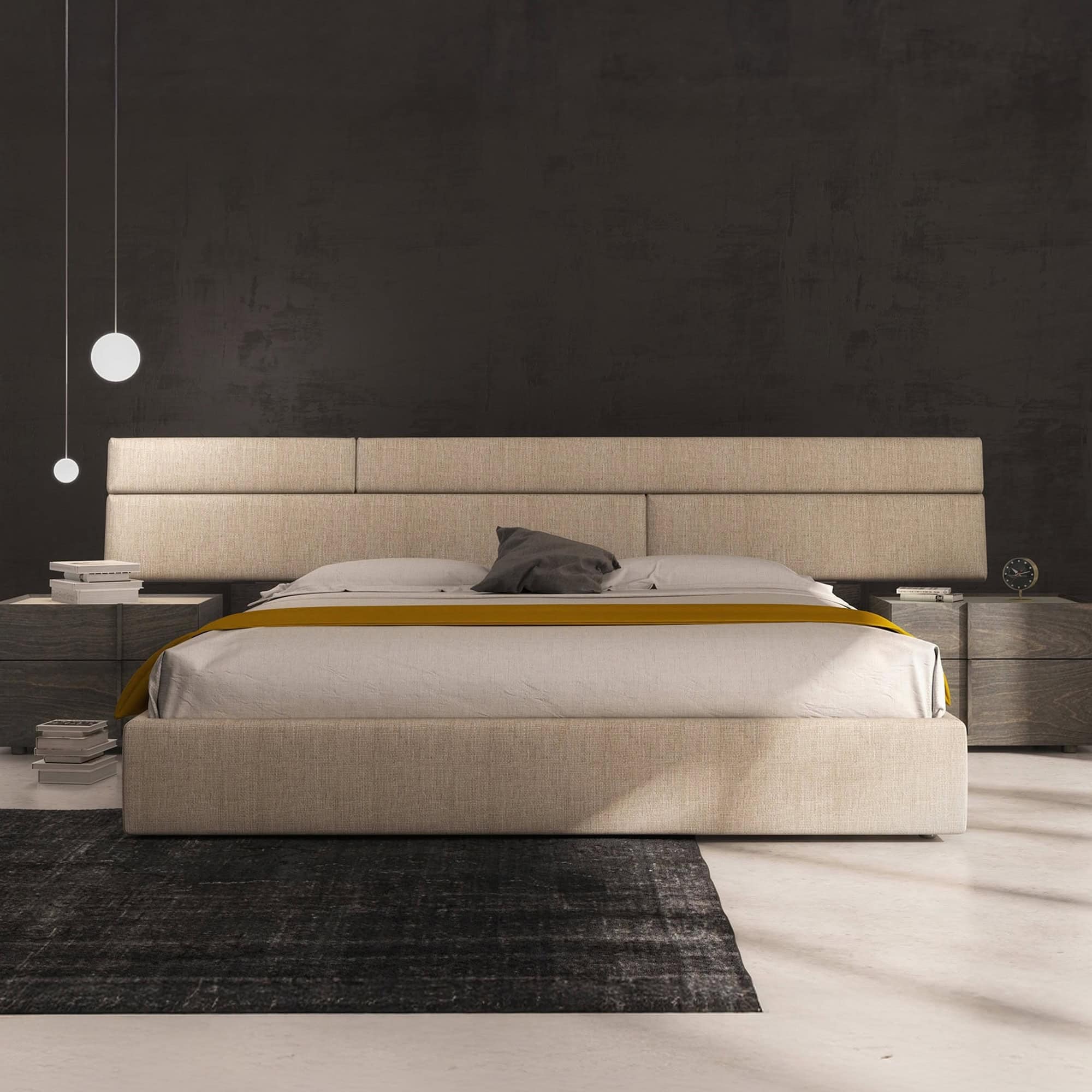 Elegant Plank Upholstered Bed with modern design and neutral fabric. Perfect for contemporary bedroo.