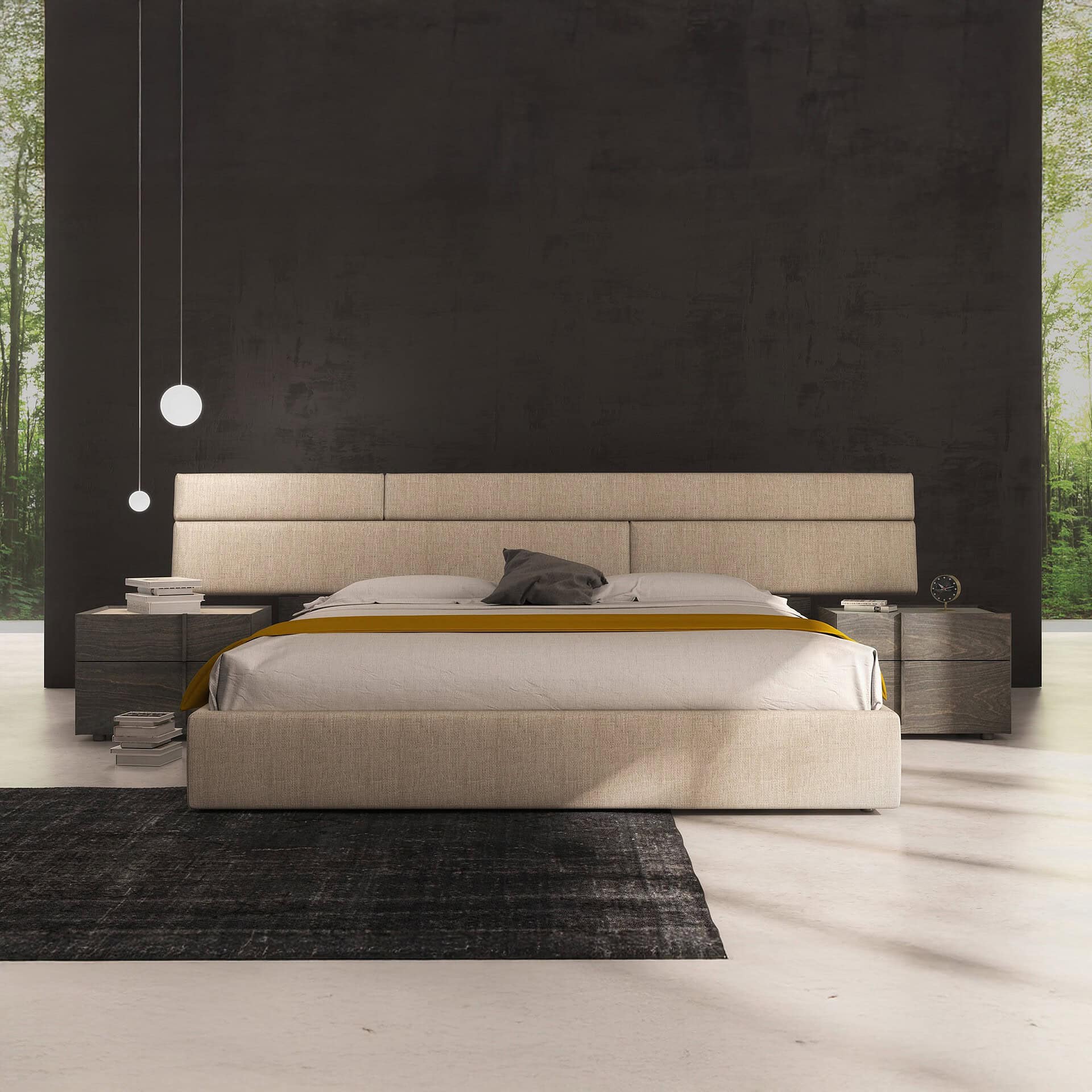Plank Upholstered Bed in a modern bedroom with wood-paneled wall and neutral bedding.