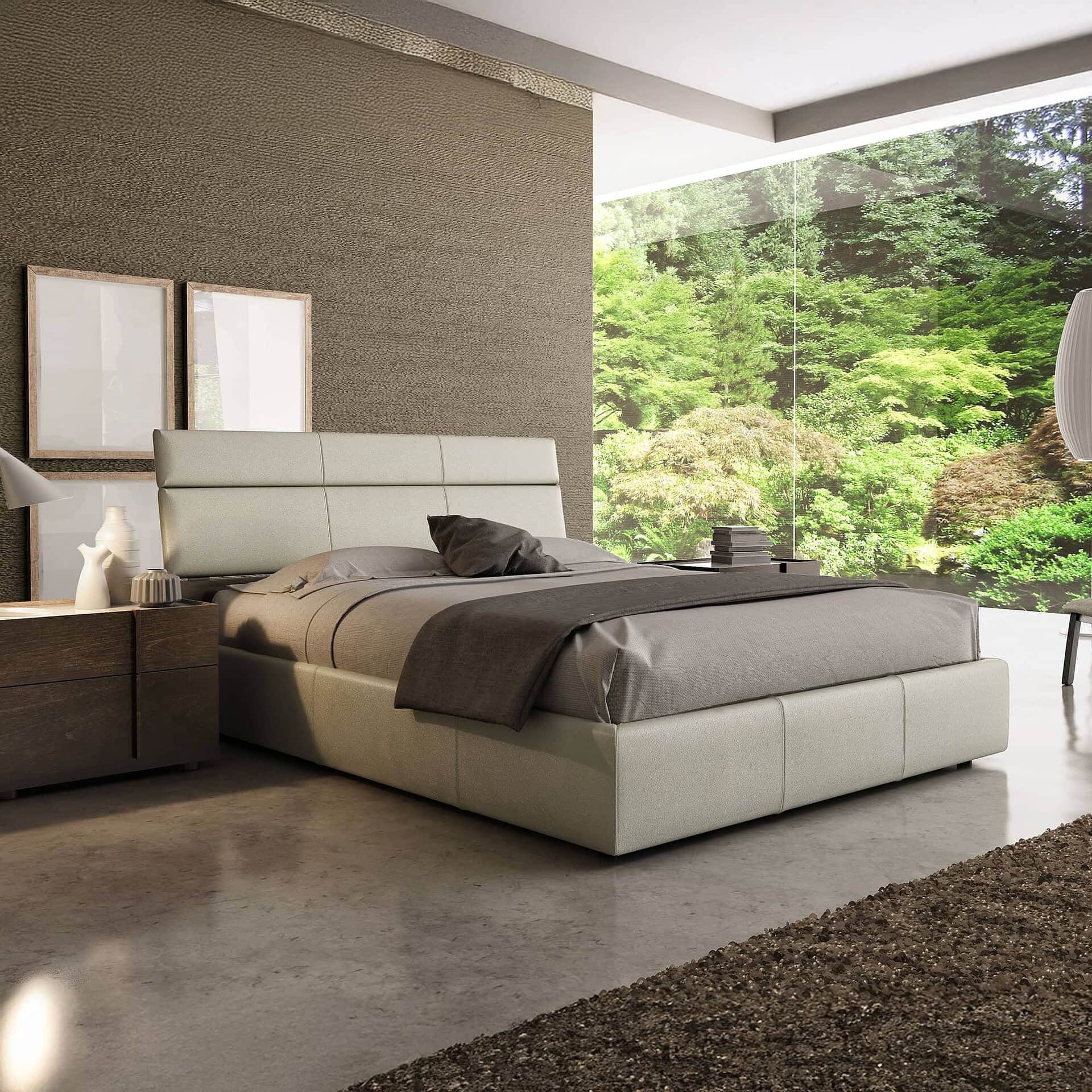 Side view of the Plank Upholstered Bed in a bright contemporary room with large windows.