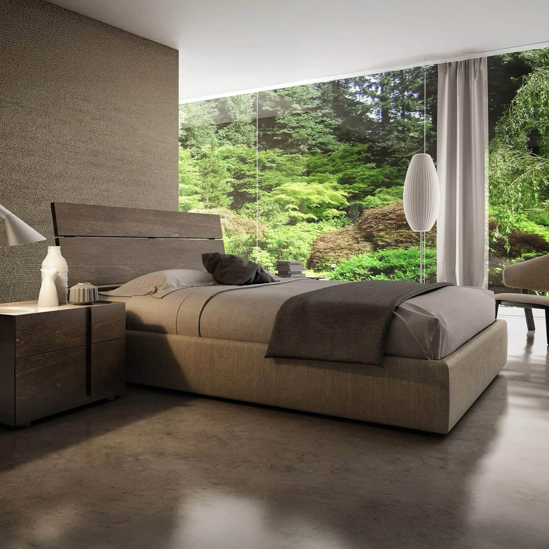 Angled view of Plank Upholstered Bed with upholstered headboard and walnut frame.