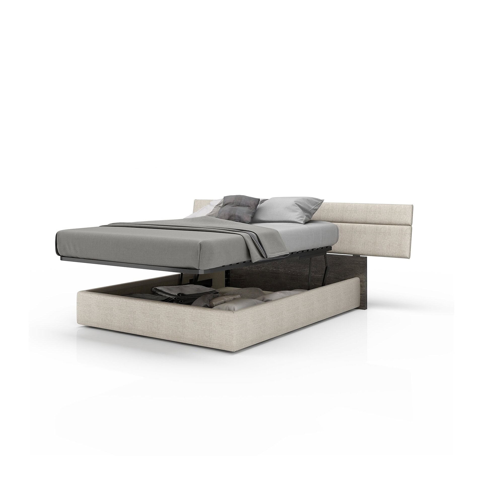Plank Upholstered Bed with open underbed storage in extended lifted position.