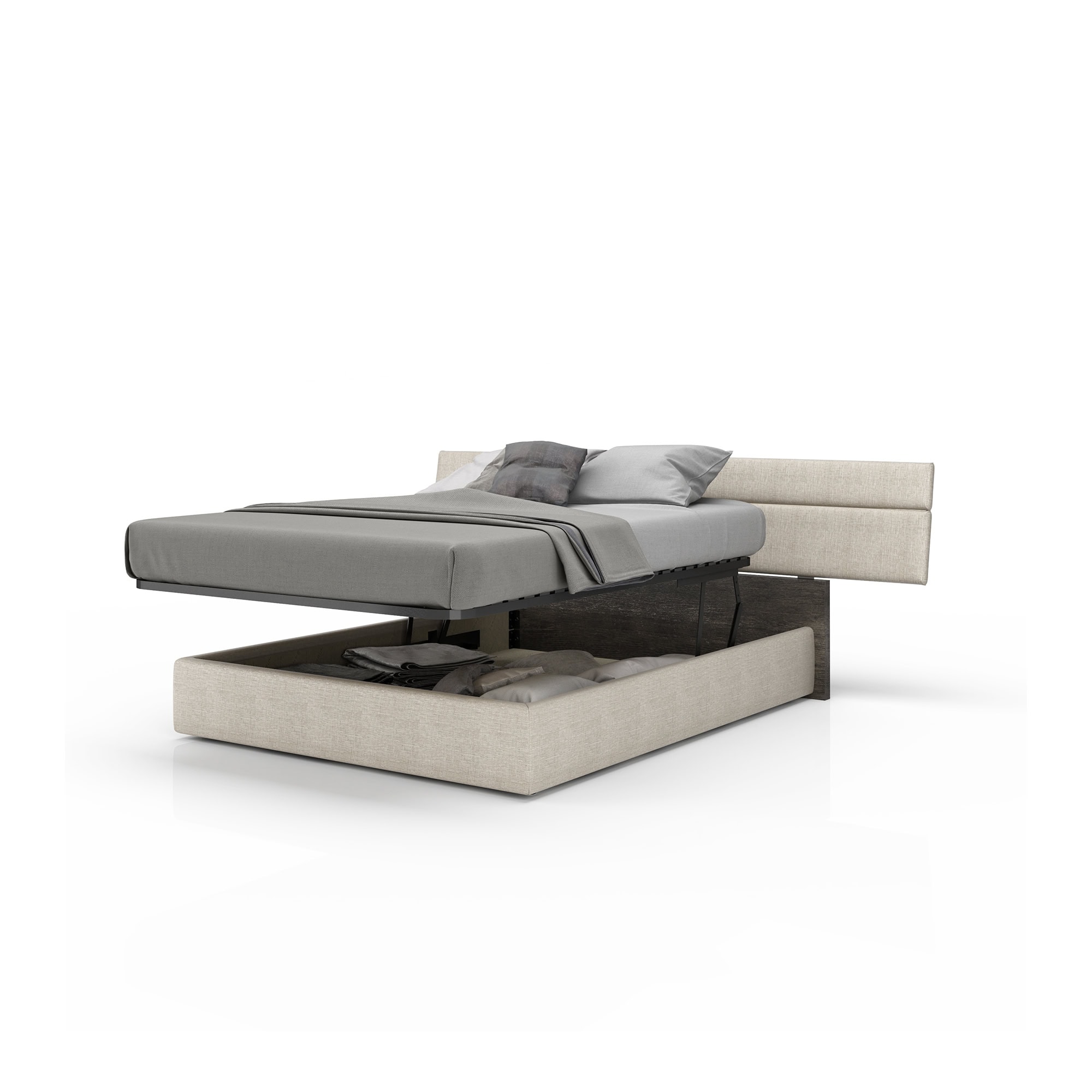 Plank Upholstered Bed with open underbed storage in extended lifted position.