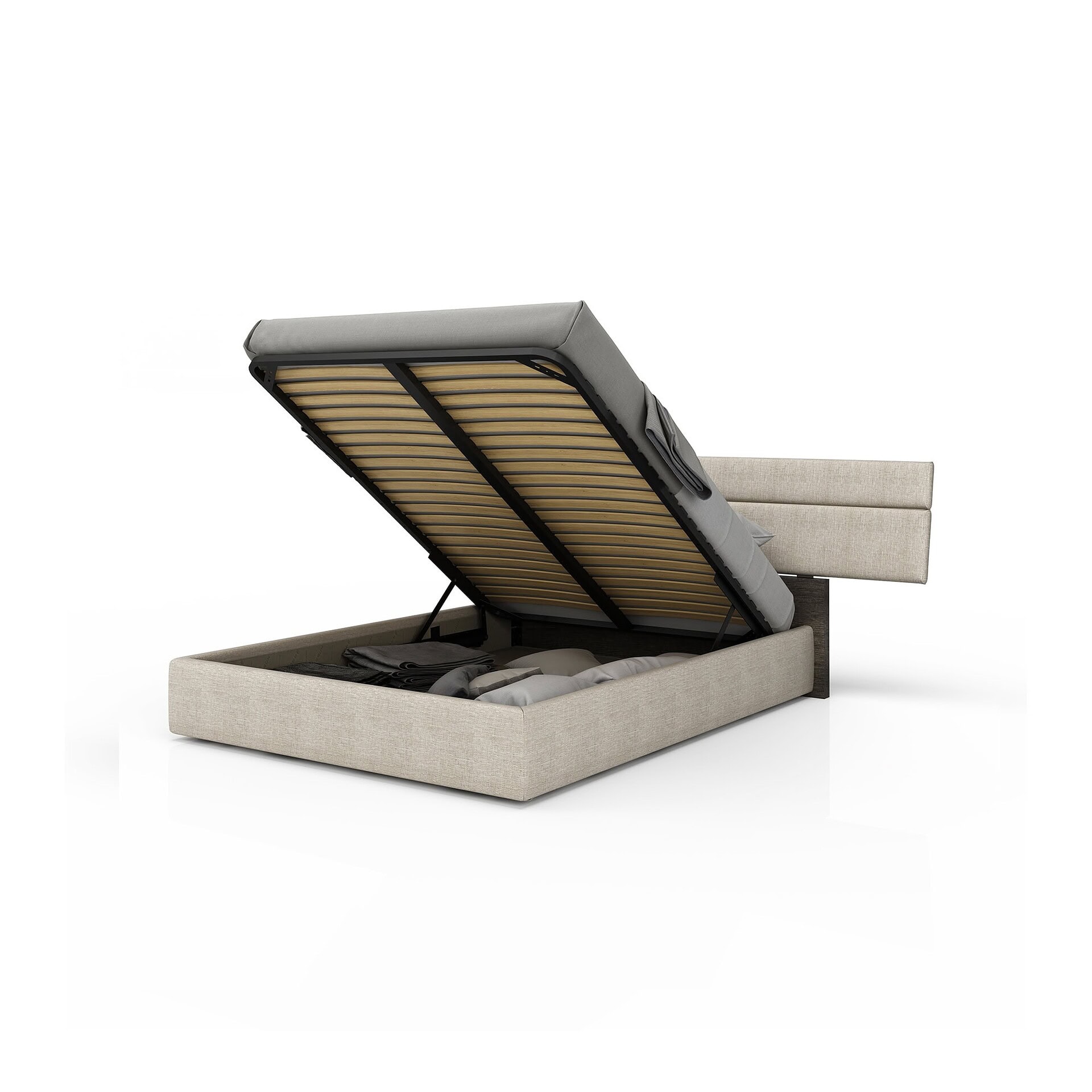 Side angle of Plank Upholstered Bed showing hydraulic lift storage mechanism.