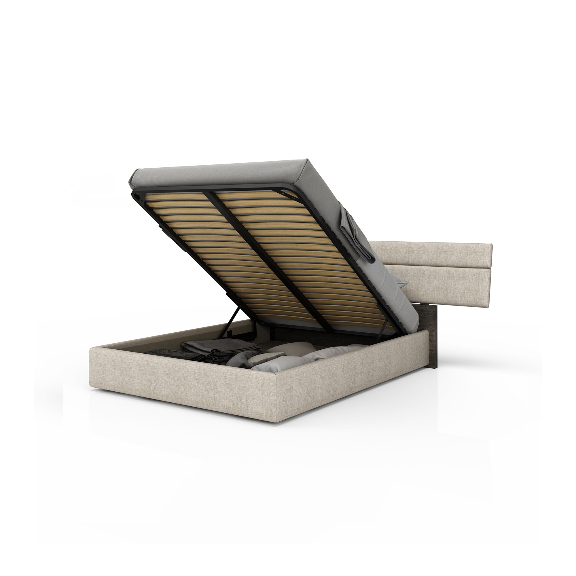Side angle of Plank Upholstered Bed showing hydraulic lift storage mechanism.