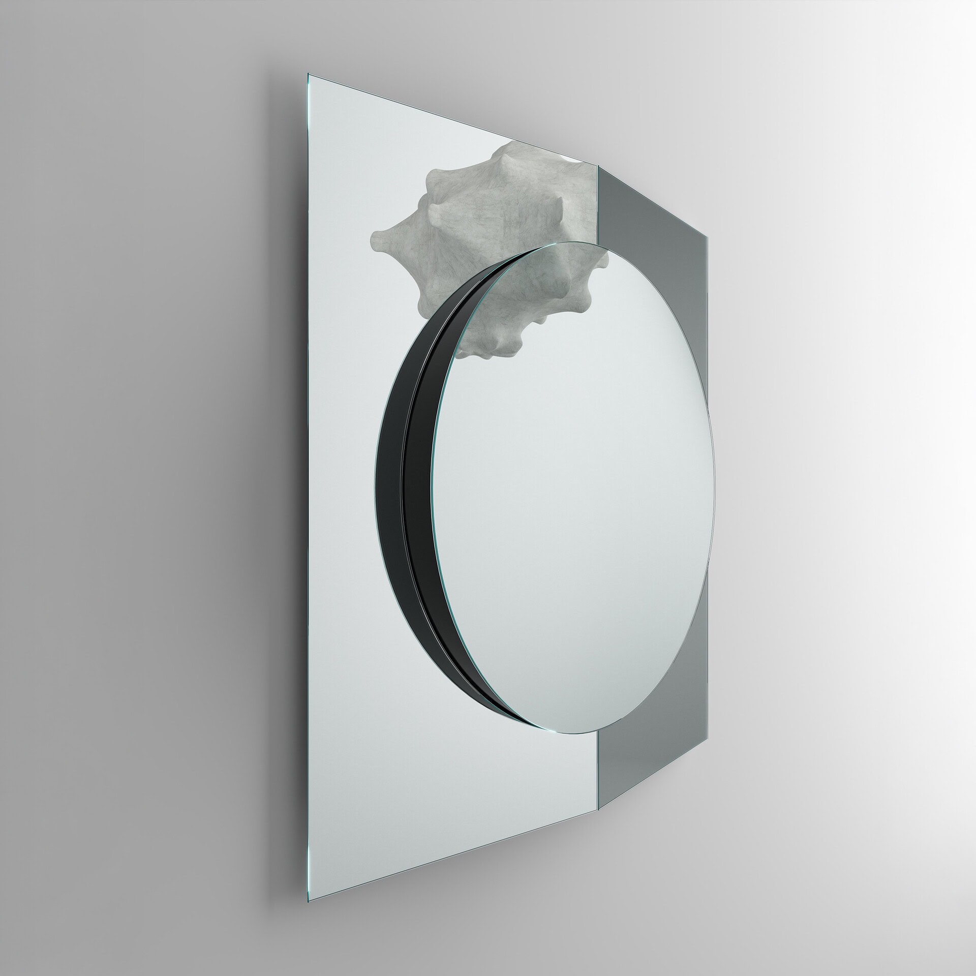 Contemporary central mirror with circular shape and artistic frame for stylish home decor.