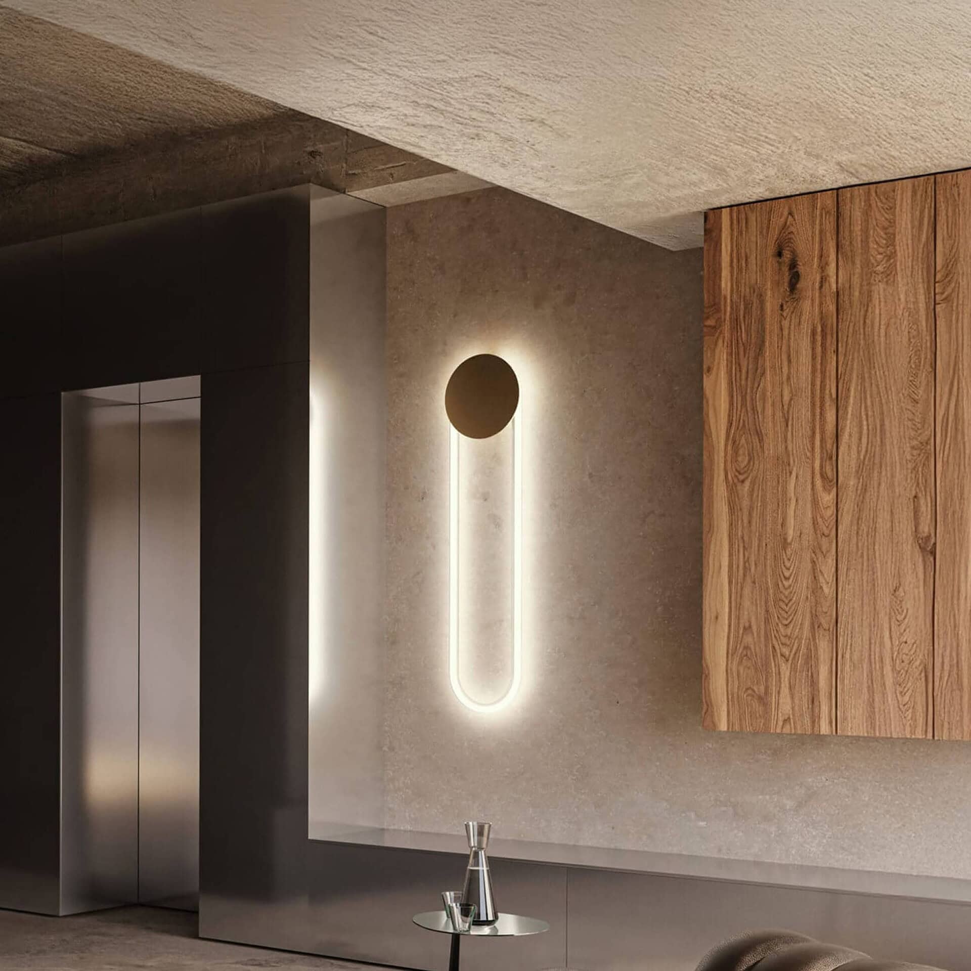 Contemporary wall light with circular and vertical LED design in modern interior.