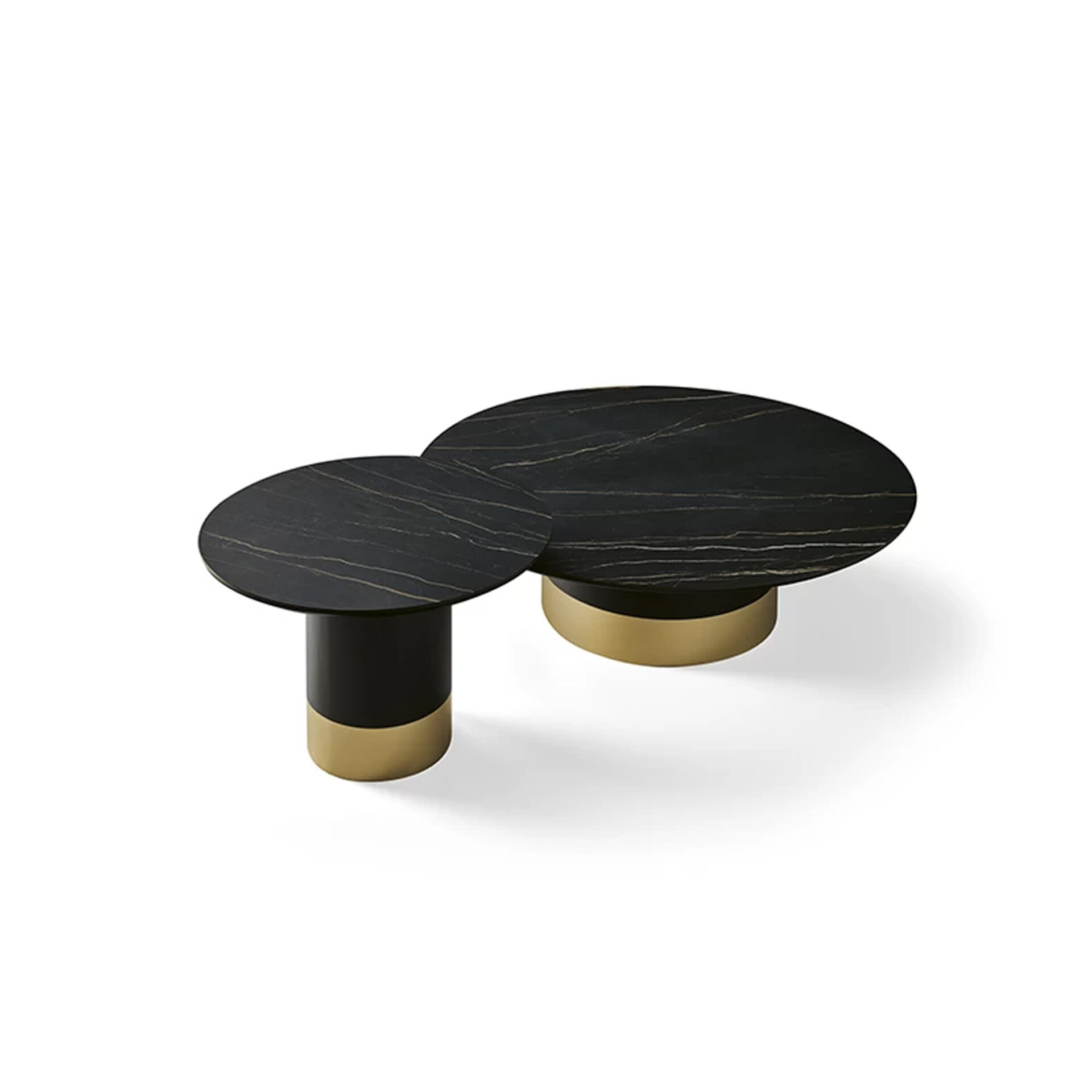 A modern two-tiered coffee table with black marble tops and gold metallic bases, set against a white background.