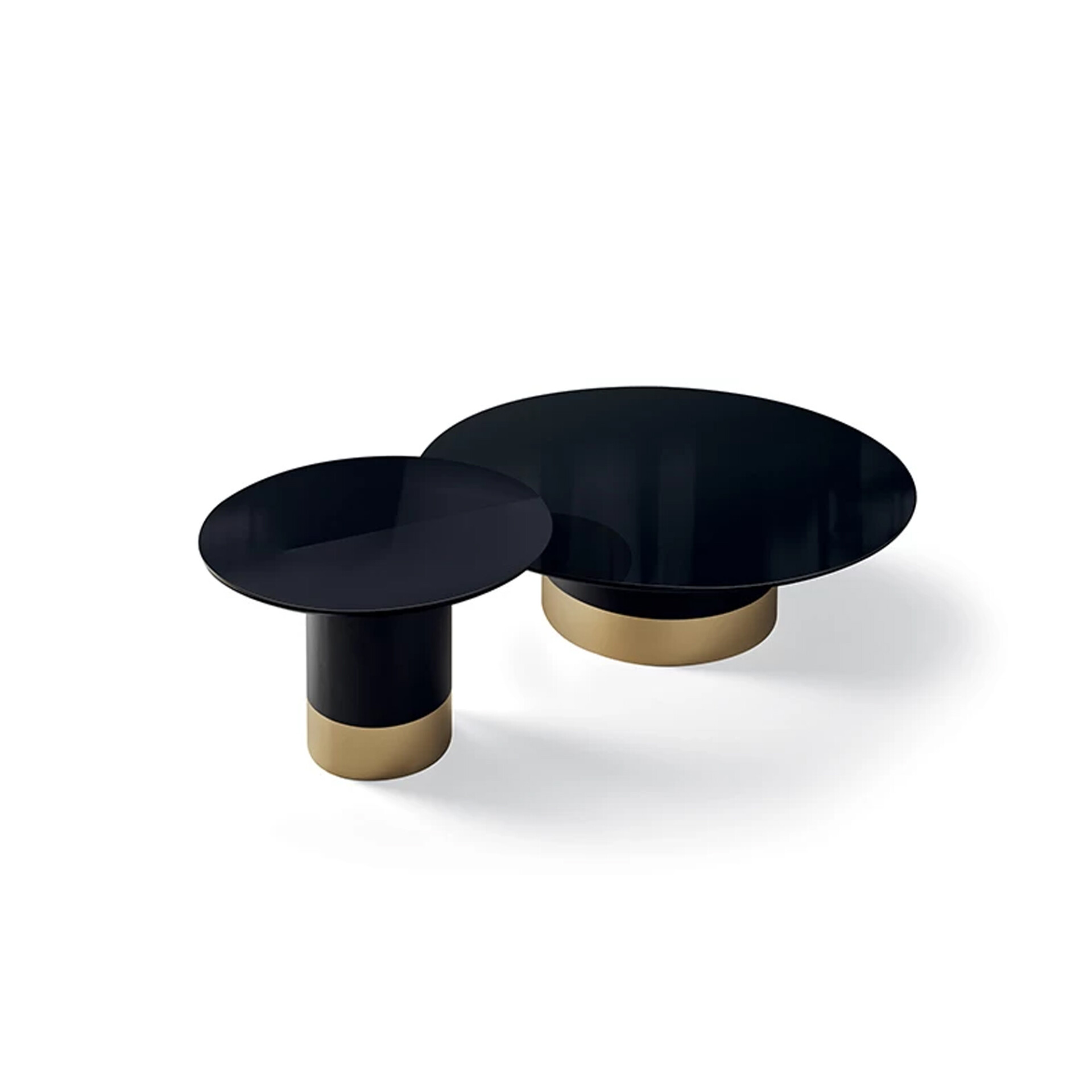 Two modern coffee tables with glossy black circular tops and matte gold bases. One is taller and smaller, the other is wider and lower, arranged on a white background.
