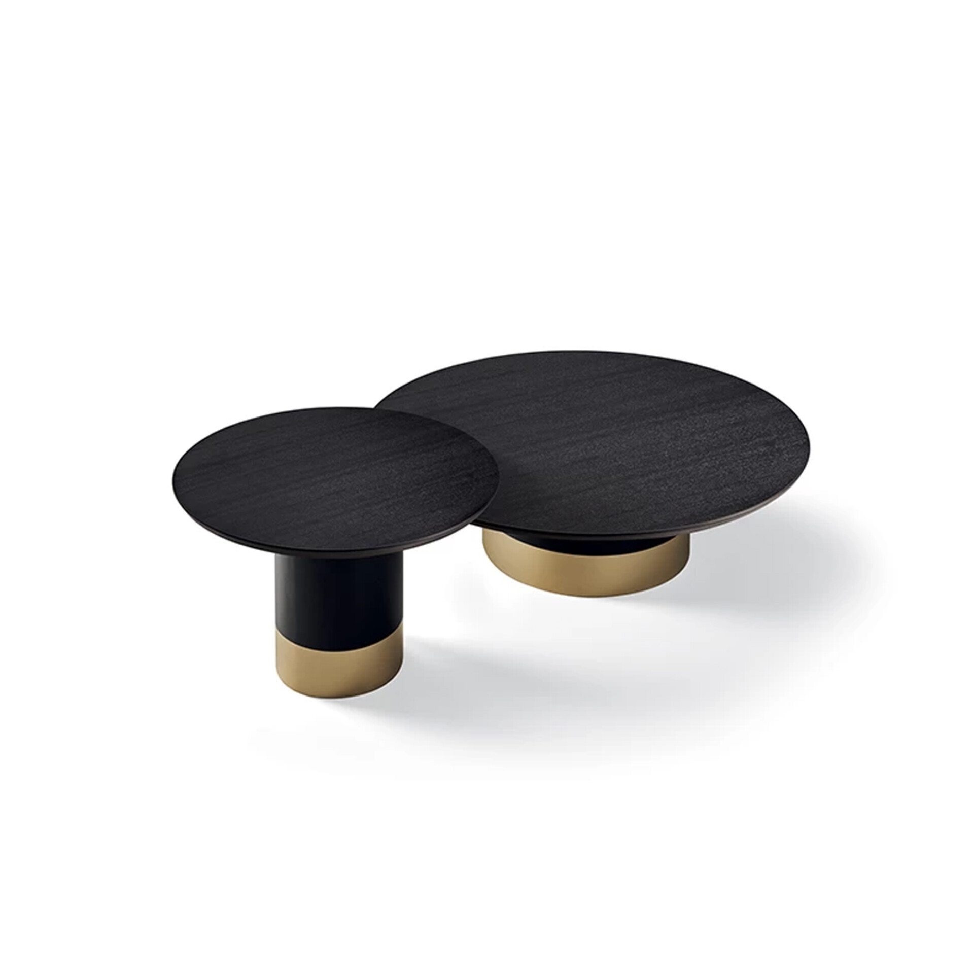 Two modern round coffee tables with dark tops and gold bases, arranged in a nested configuration on a white background.