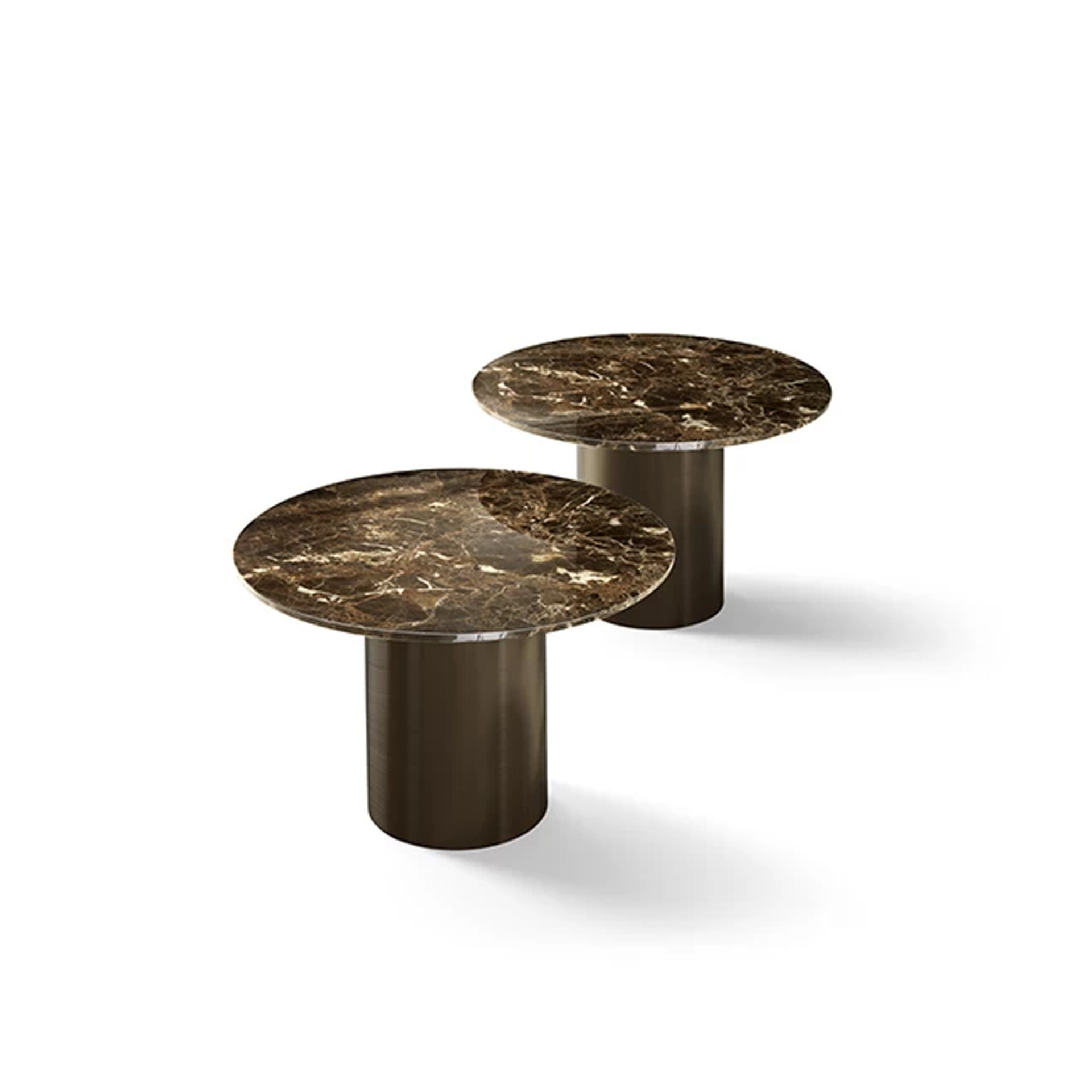 Two round side tables with dark brown marble tops and cylindrical dark bronze bases, staggered on a white background.