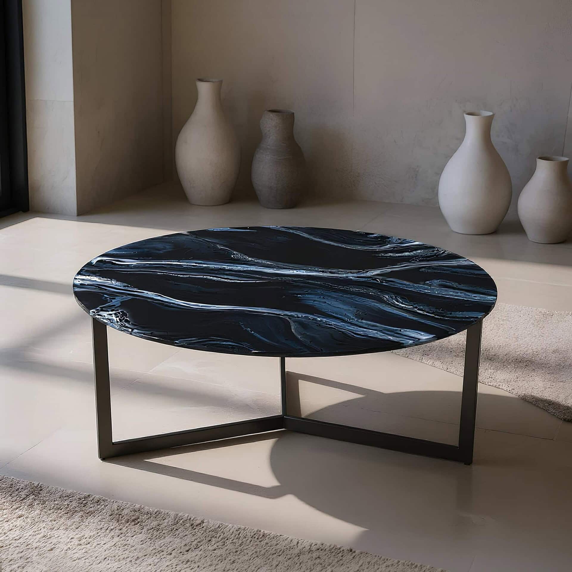 Elegant black marble coffee table with sleek metal frame in modern living space.