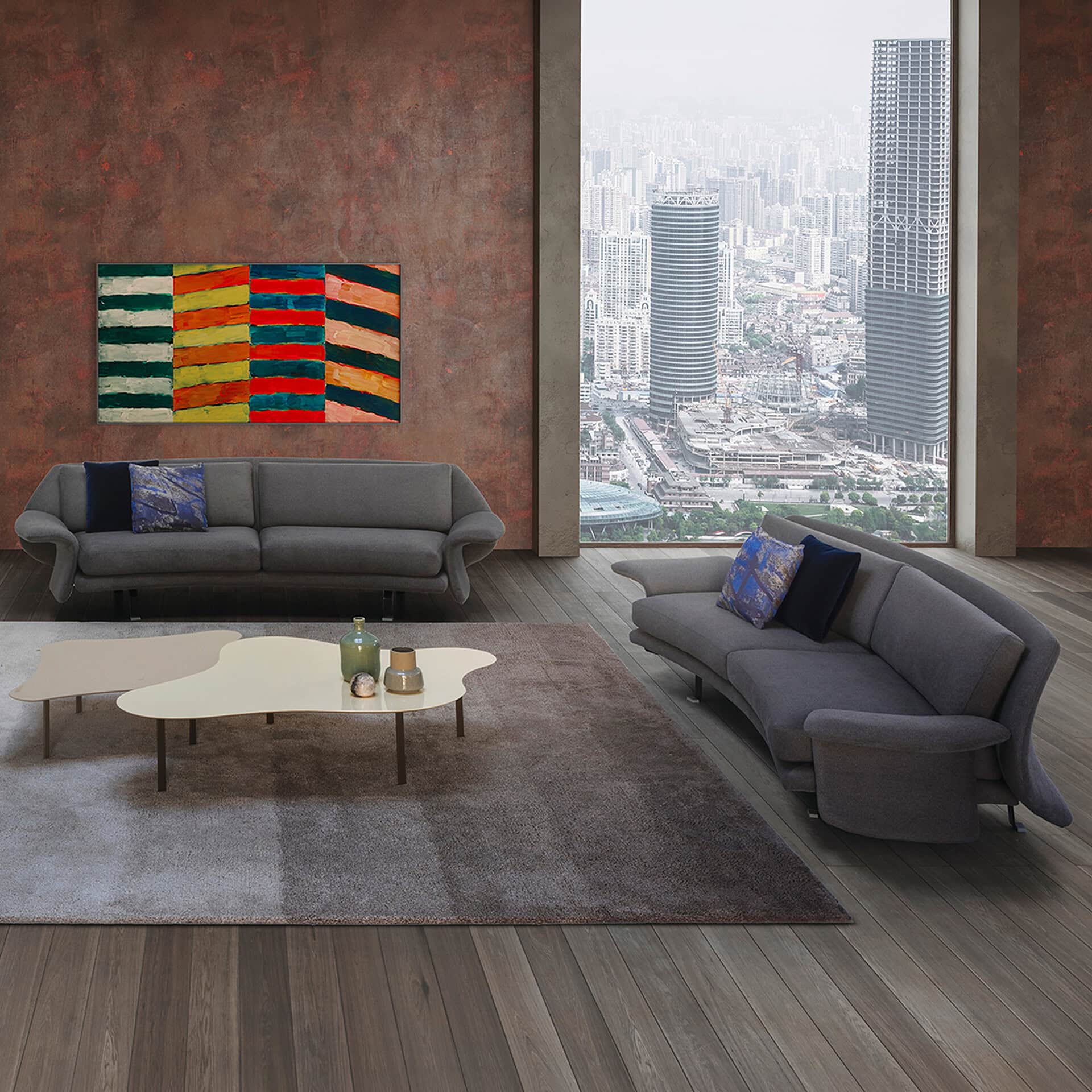 Modern curved sectional sofa for stylish living rooms. Perfect for comfort and contemporary design.