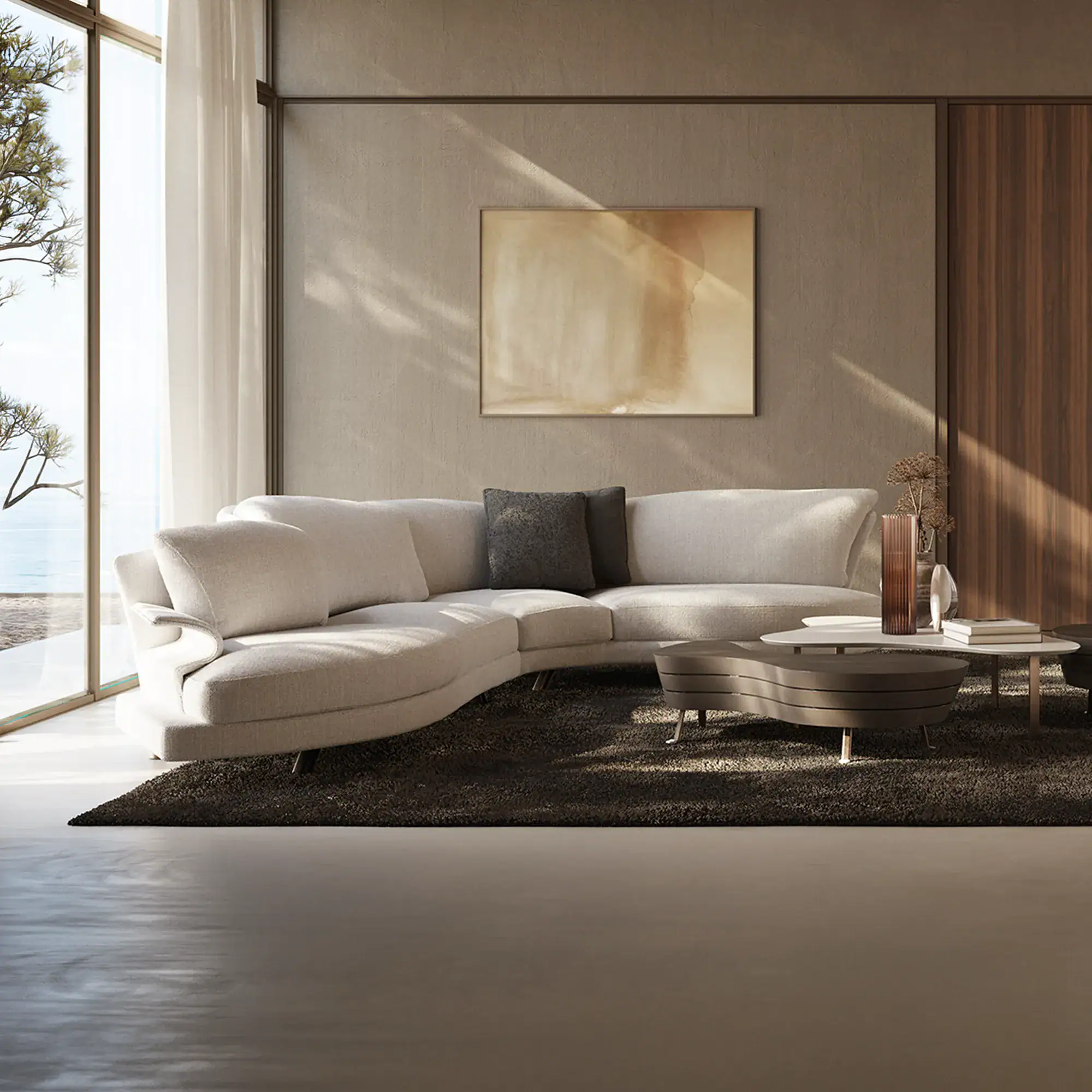 Luxurious modern living room with custom sectional sofa and ocean view.