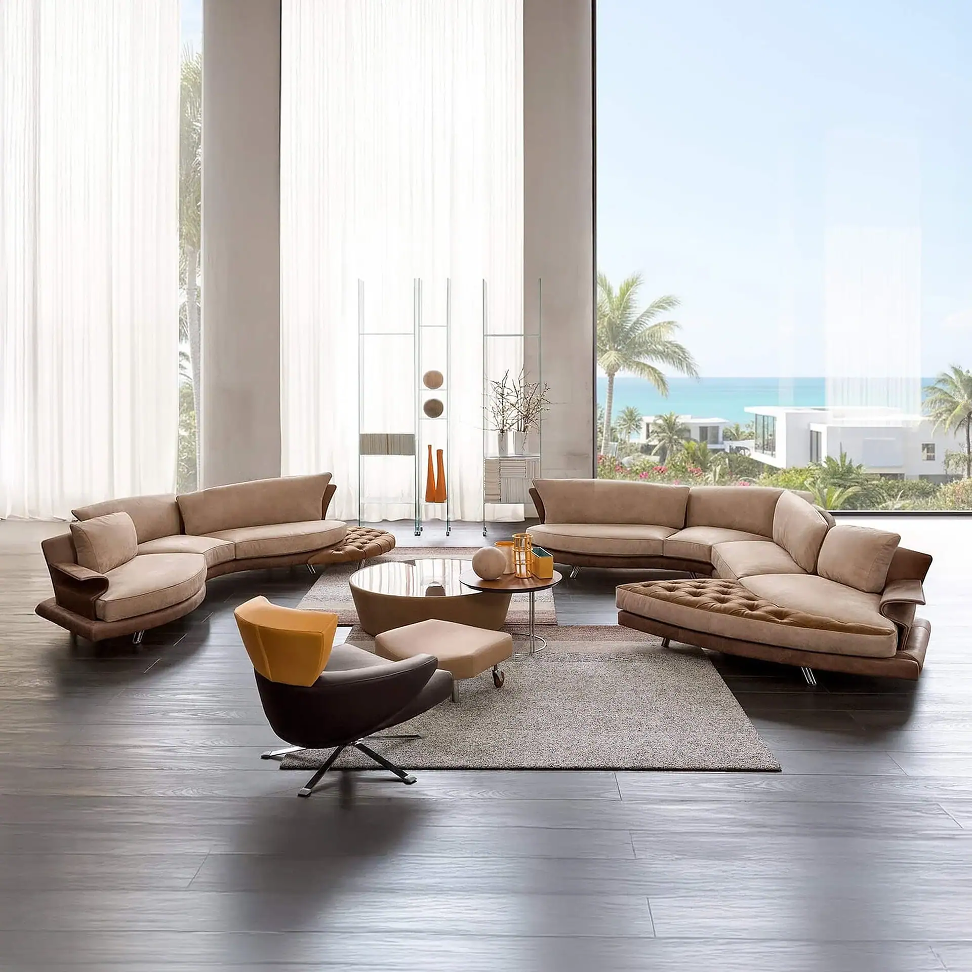 Luxurious modern living room with custom sectional sofa and ocean view.