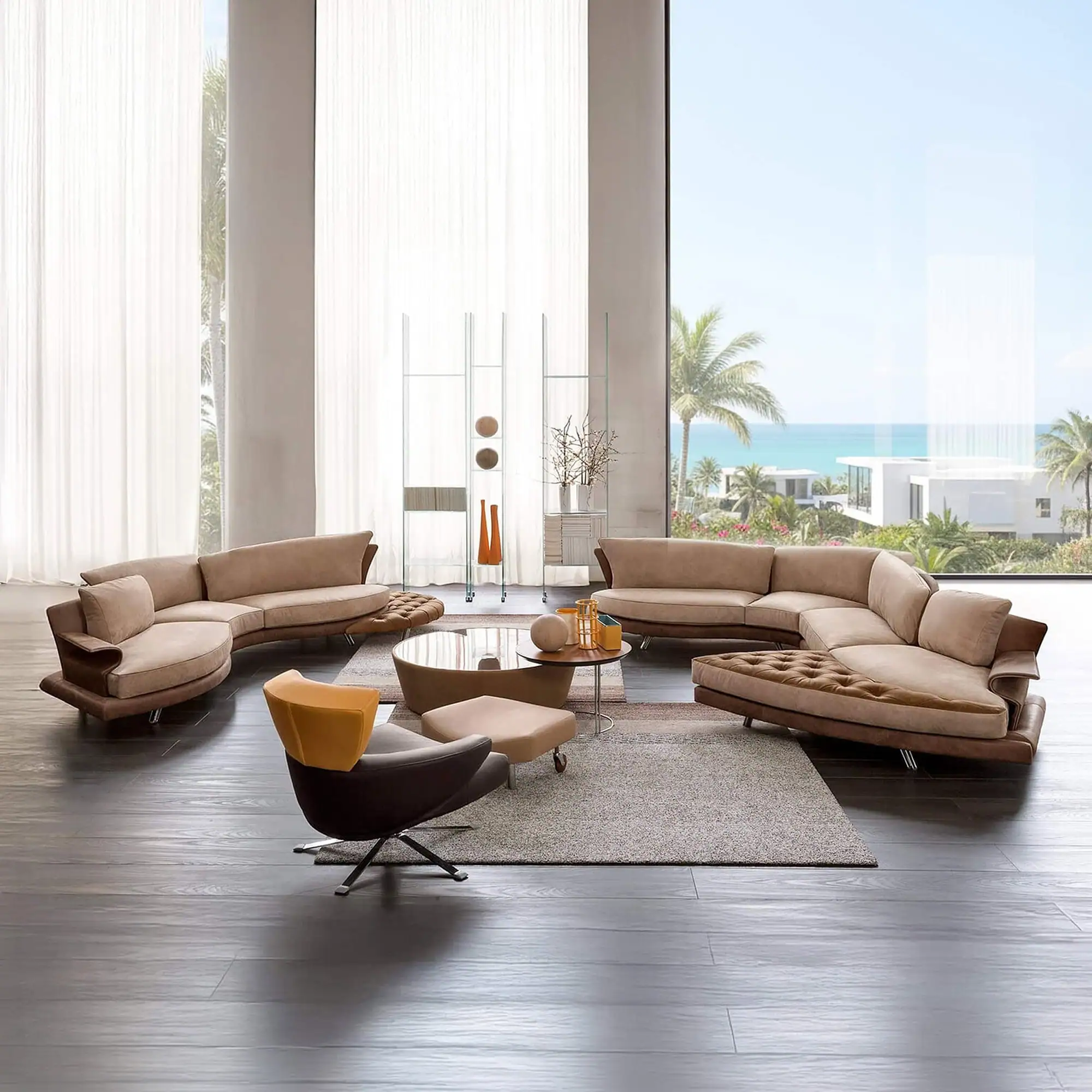 Luxurious modern living room with custom sectional sofa and ocean view.