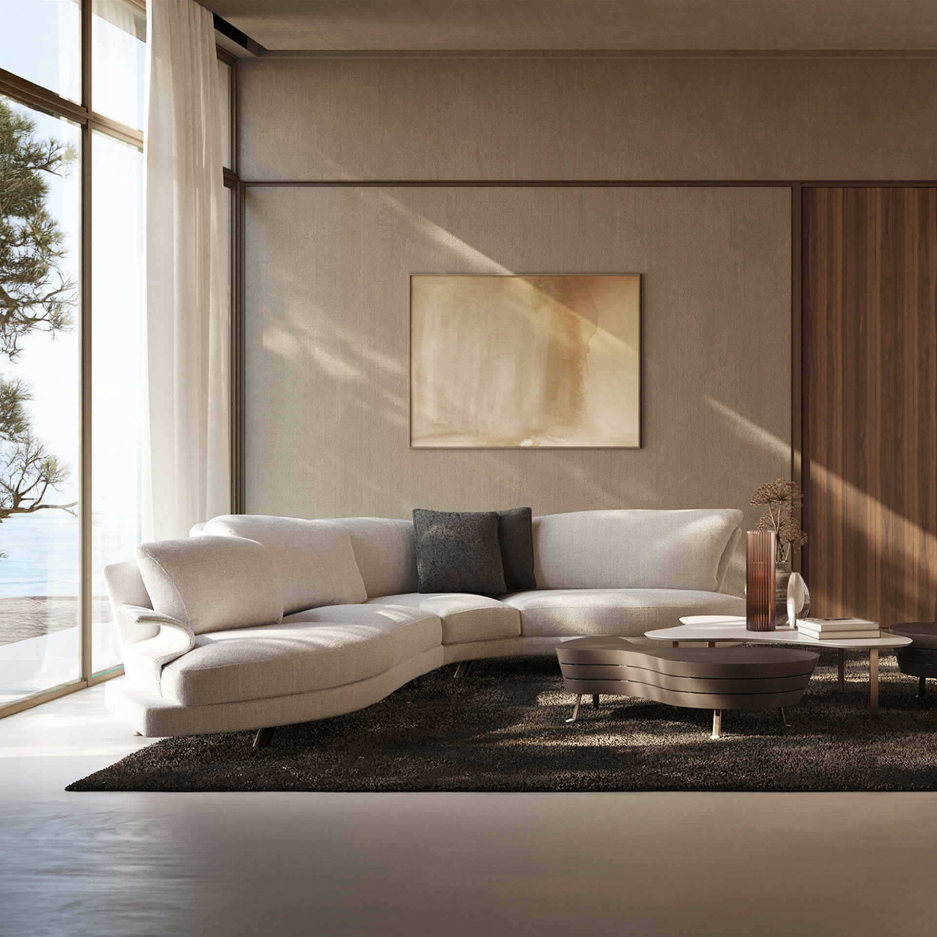 Luxurious modern sectional sofa in a stylish living room with large windows and natural light.