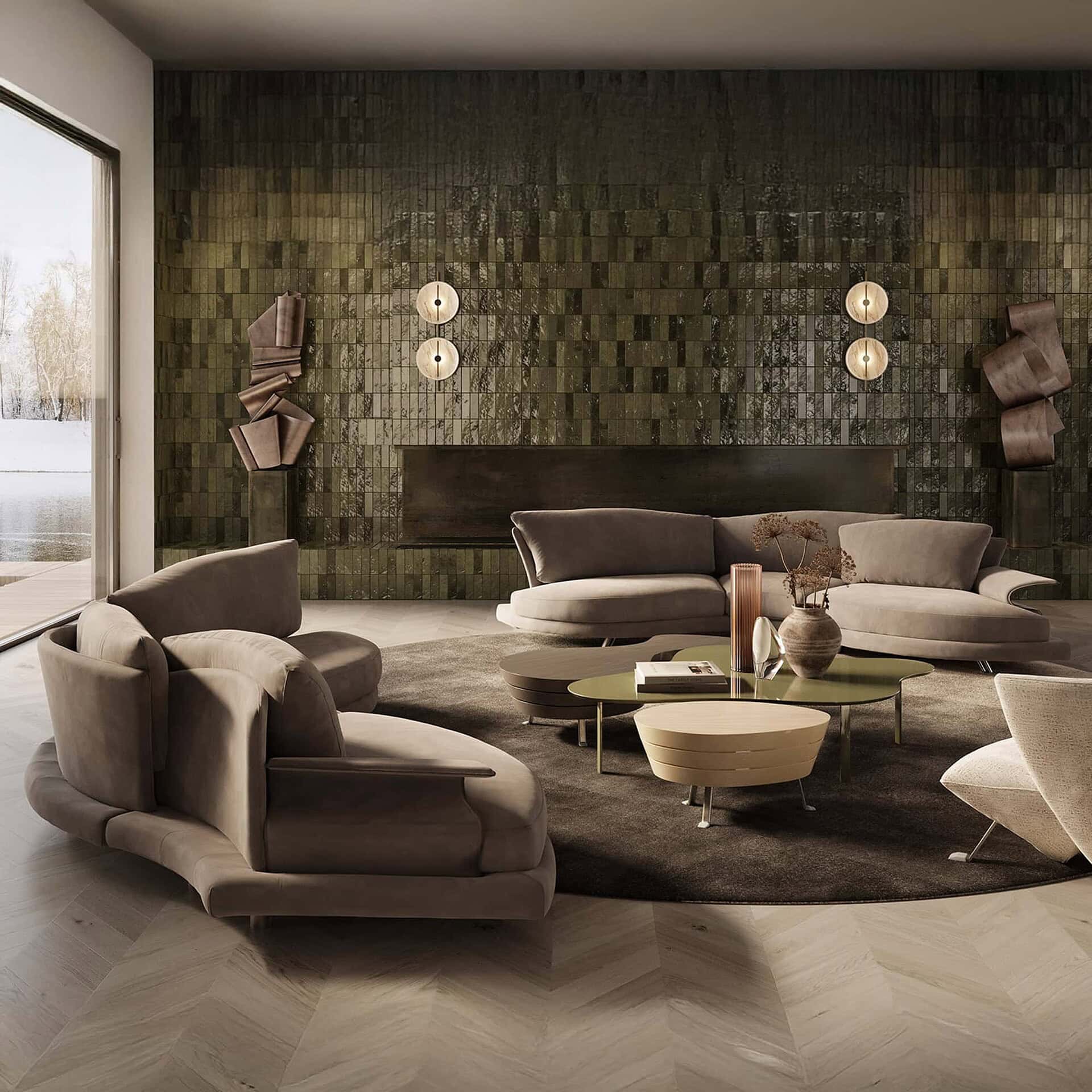 Panoramic Super Roy sofa in light upholstery arranged in a circular seating layout facing floor-to-ceiling windows with a waterfront view.