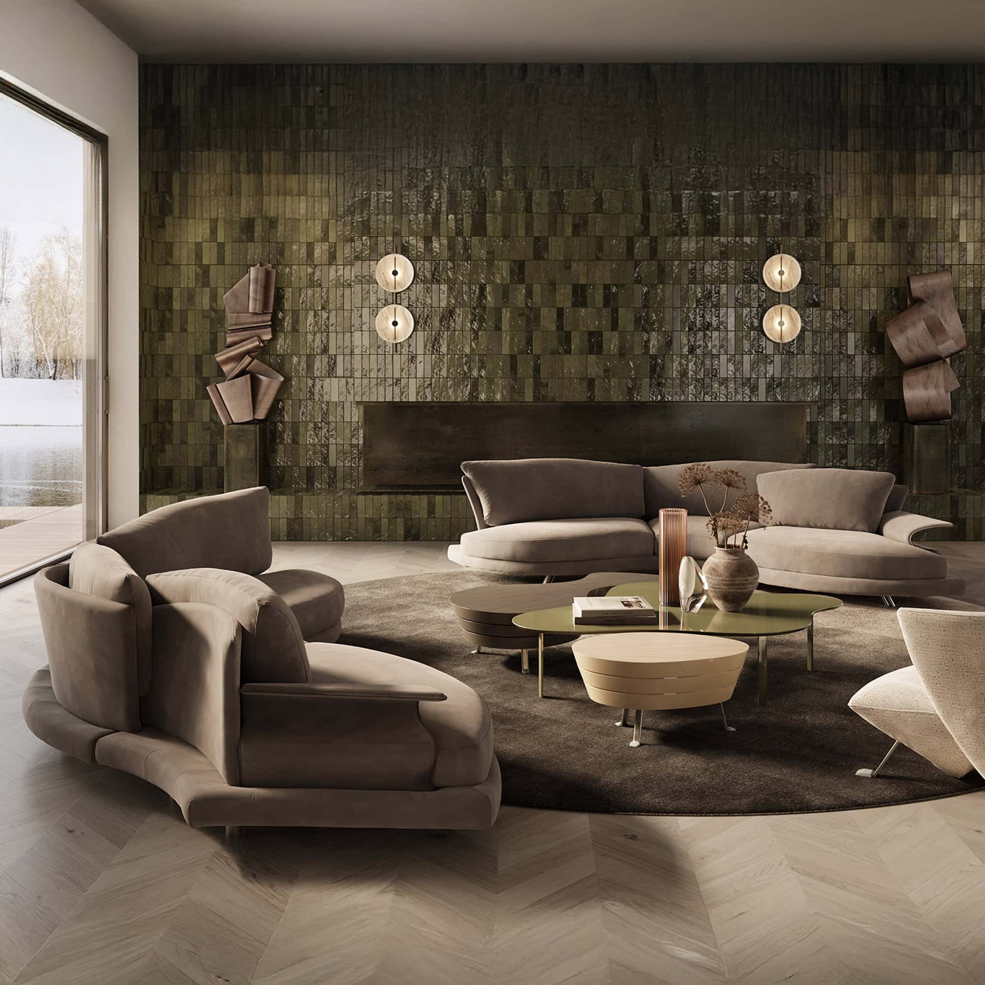 Panoramic Super Roy sofa in light upholstery arranged in a circular seating layout facing floor-to-ceiling windows with a waterfront view.