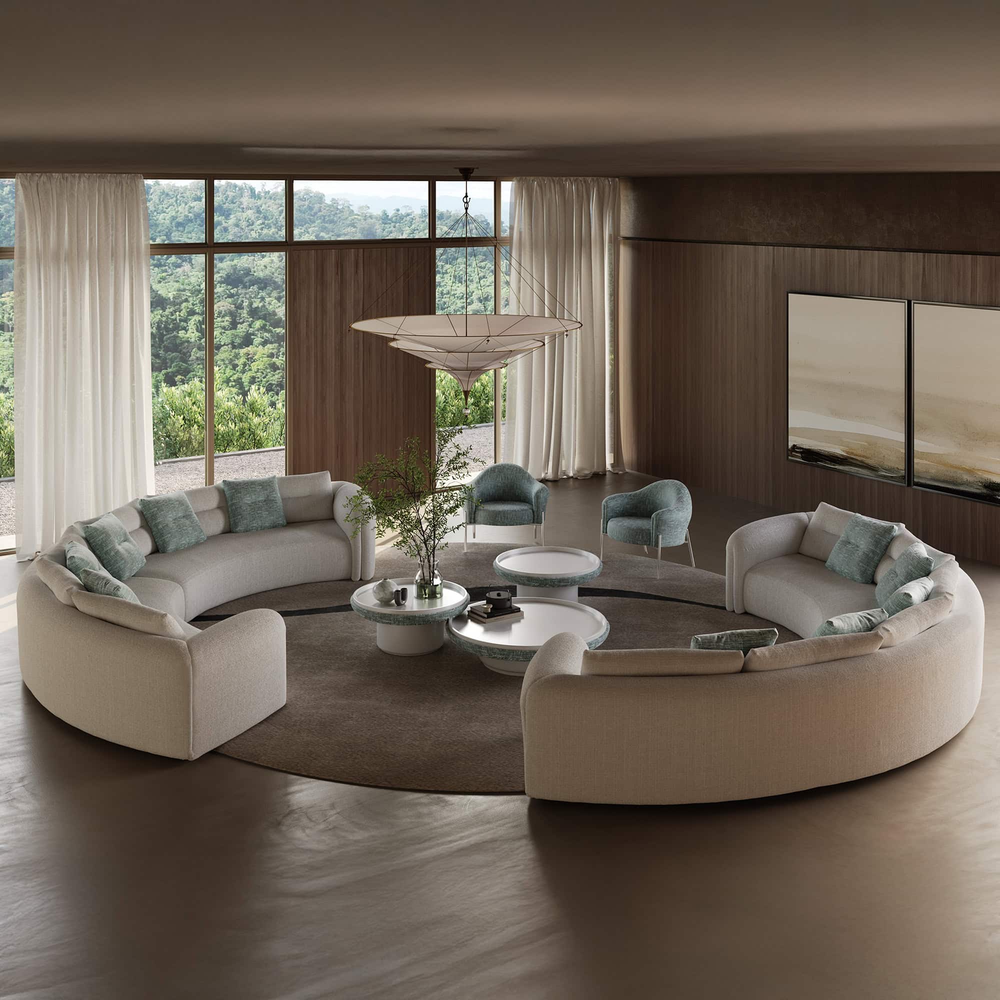 Quentin Amphitheatre Circular Modular Sofa in a modern open space with curved layout and coffee table.