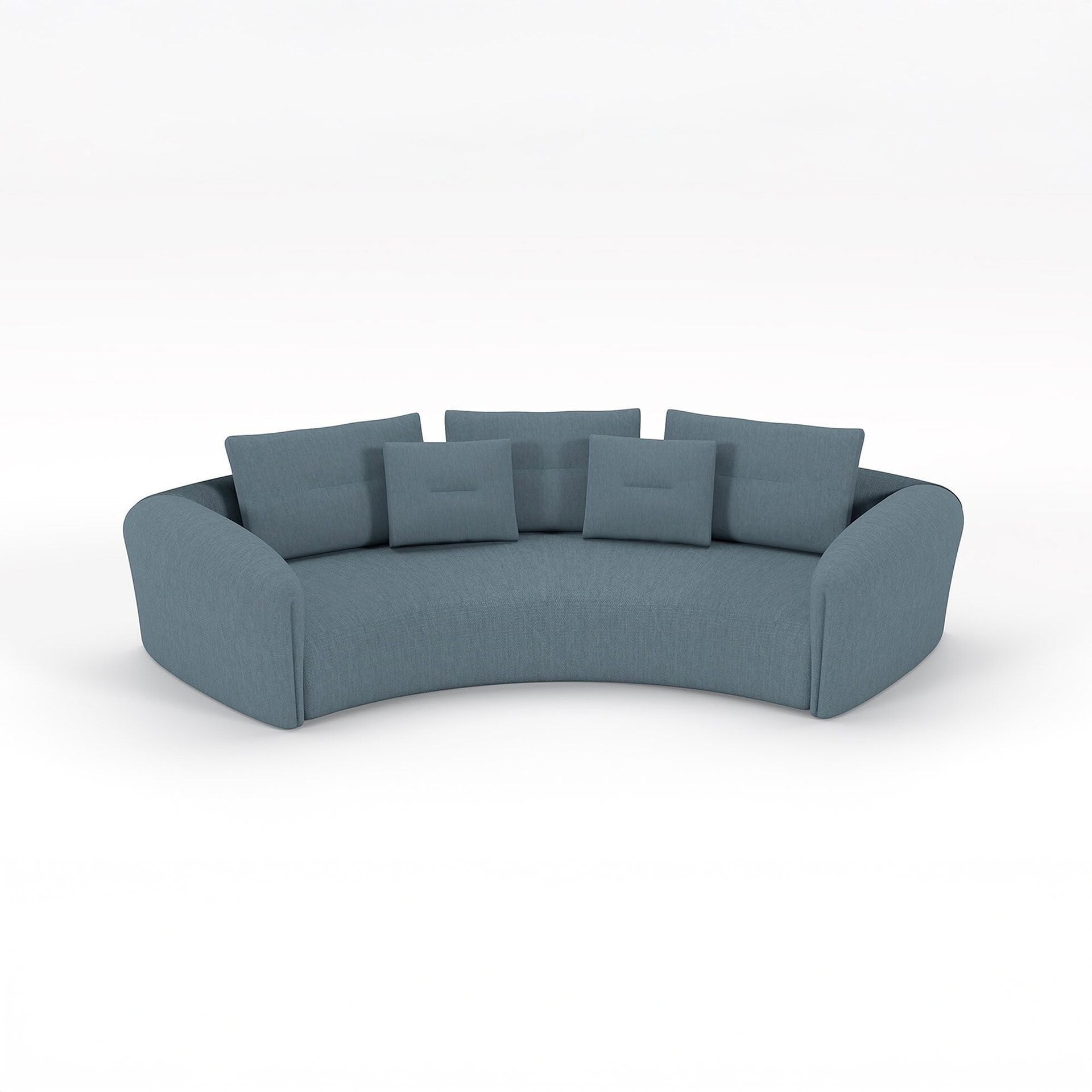 Studio rendering of Quentin Amphitheatre Circular Modular Sofa in teal blue fabric.