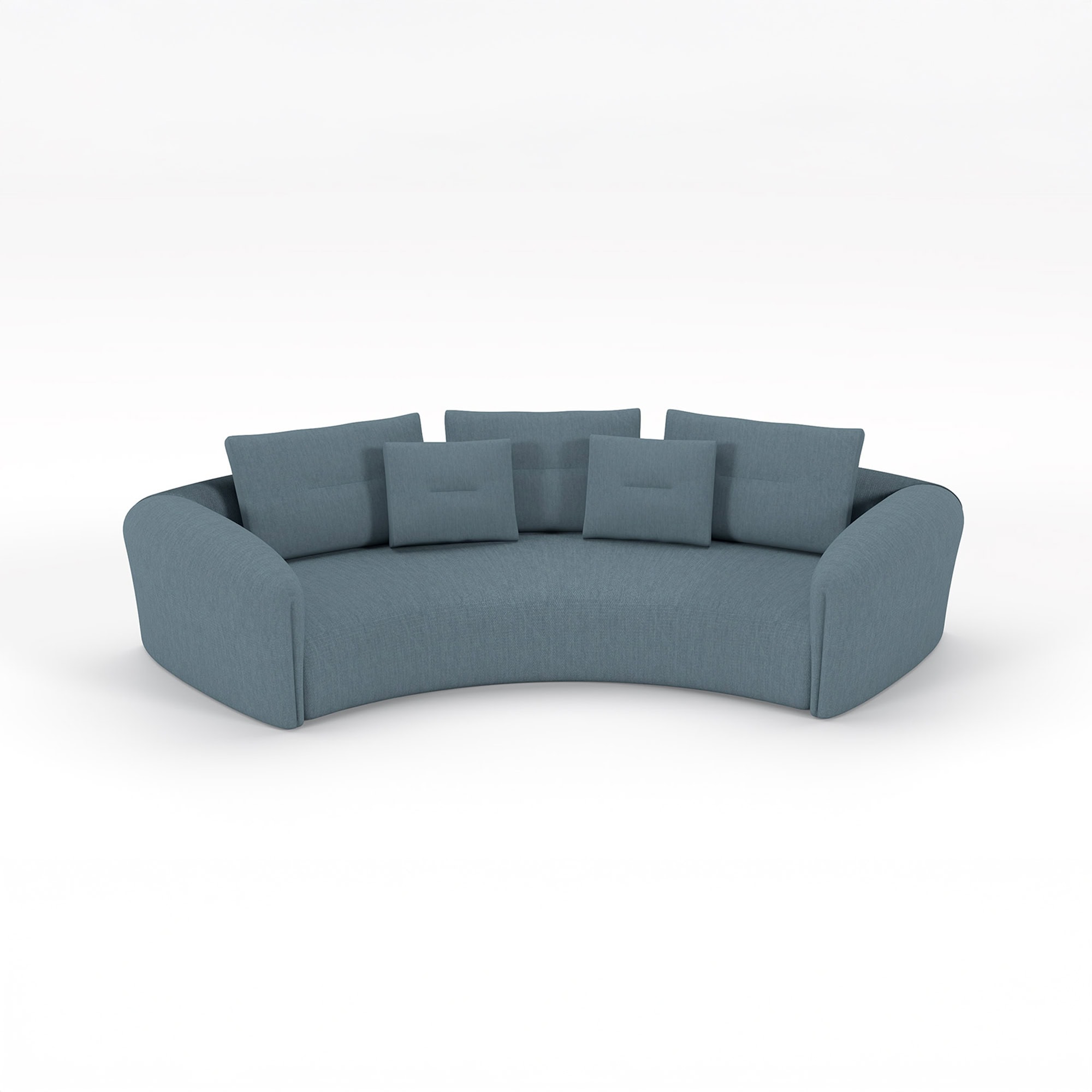 Studio rendering of Quentin Amphitheatre Circular Modular Sofa in teal blue fabric.