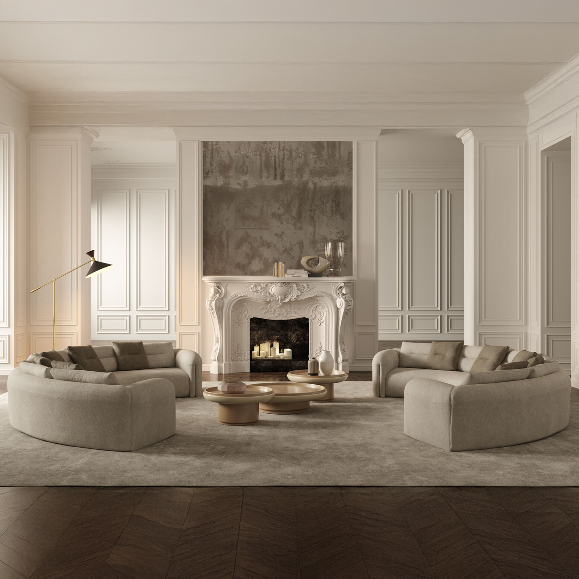 Quentin Amphitheatre Circular Modular Sofa in a grand living room with fireplace and neutral tones.