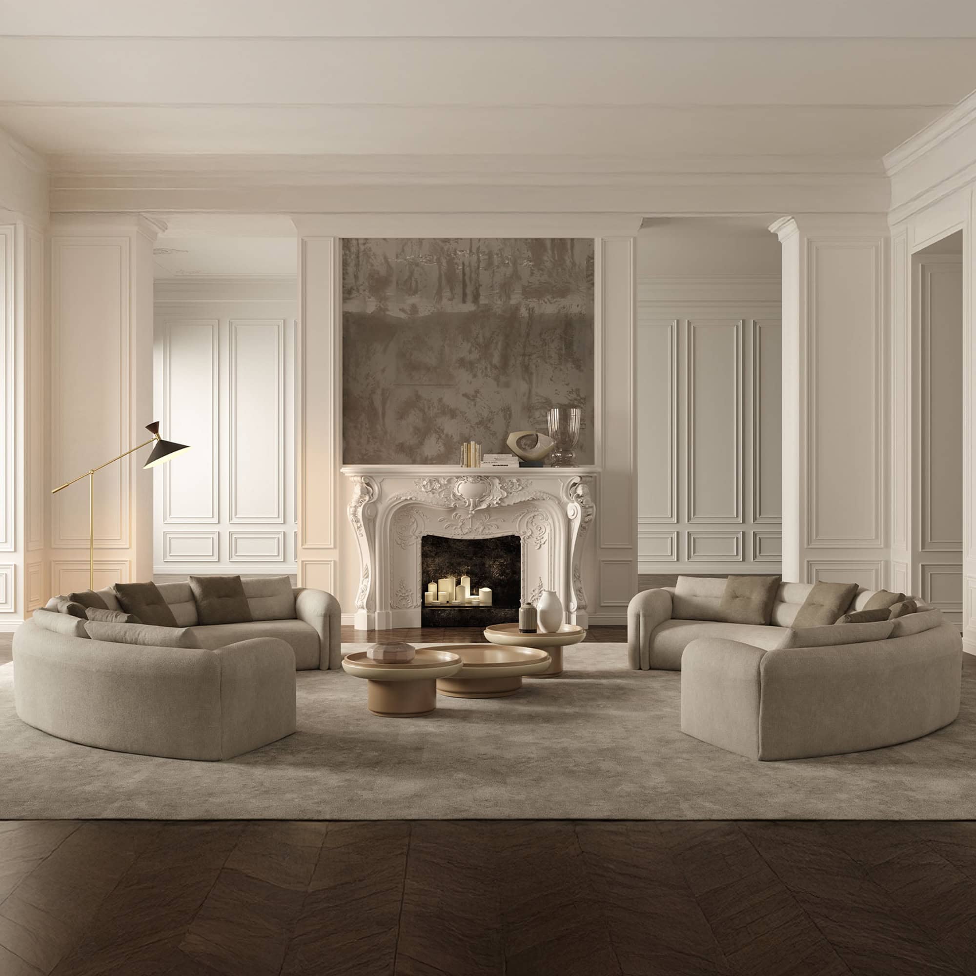 Quentin Amphitheatre Sofa in a grand living room with fireplace and neutral tones.