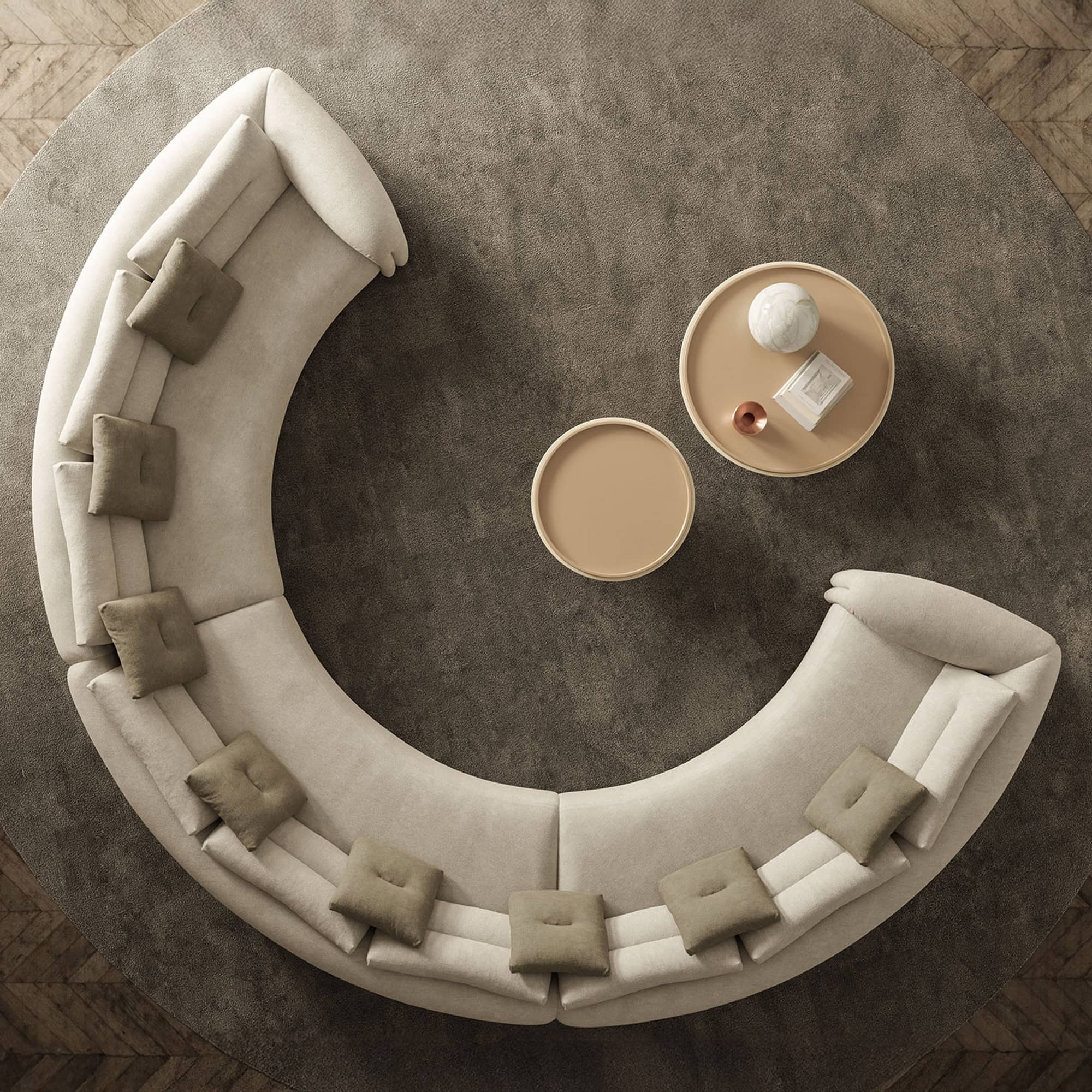 Overhead view of Quentin Amphitheatre Circular Modular Sofa arranged in a curved horseshoe layout.