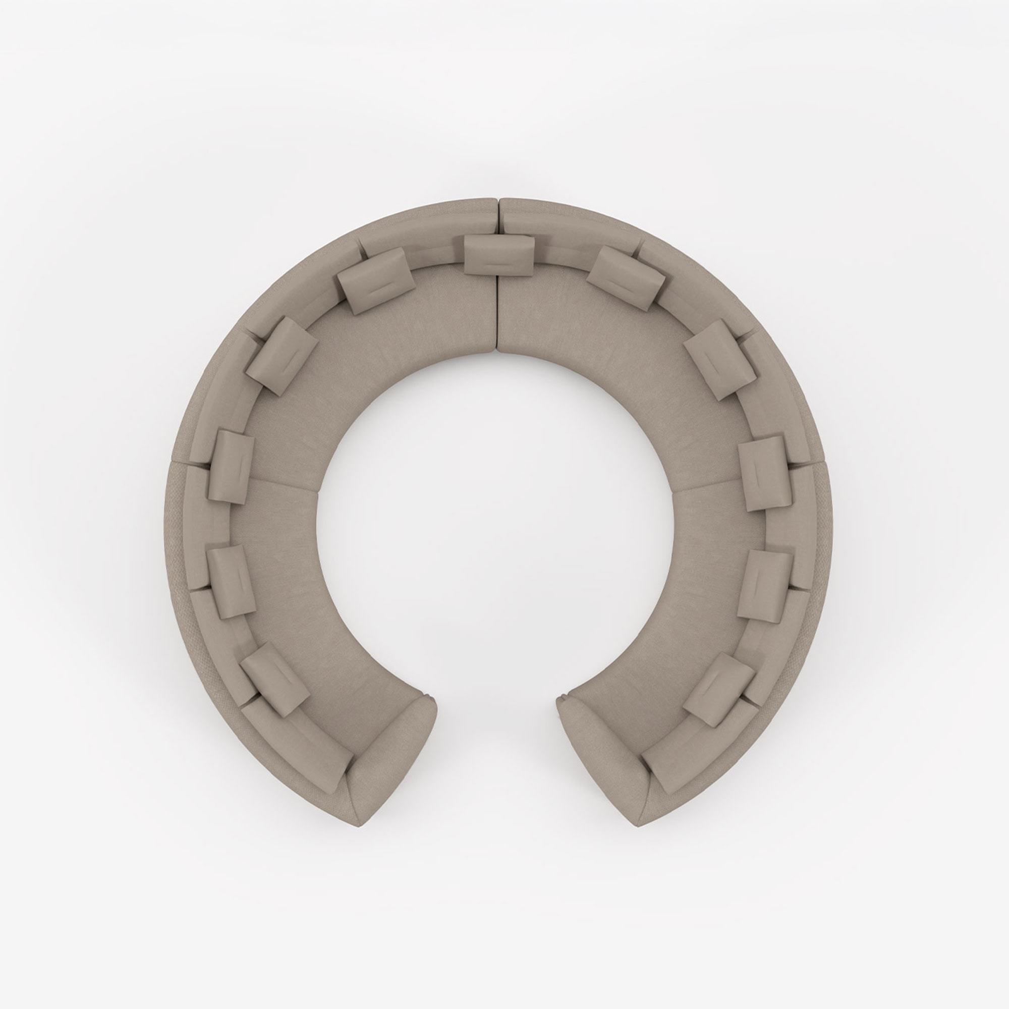 Studio rendering of Quentin Amphitheatre Circular Modular Sofa in light grey fabric with circular form.