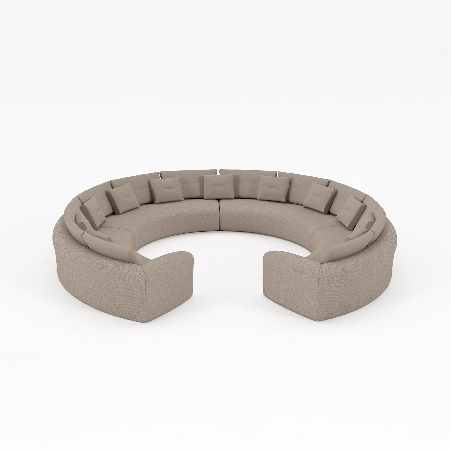Studio rendering of Quentin Amphitheatre Circular Modular Sofa in taupe fabric showing semi-circular design.