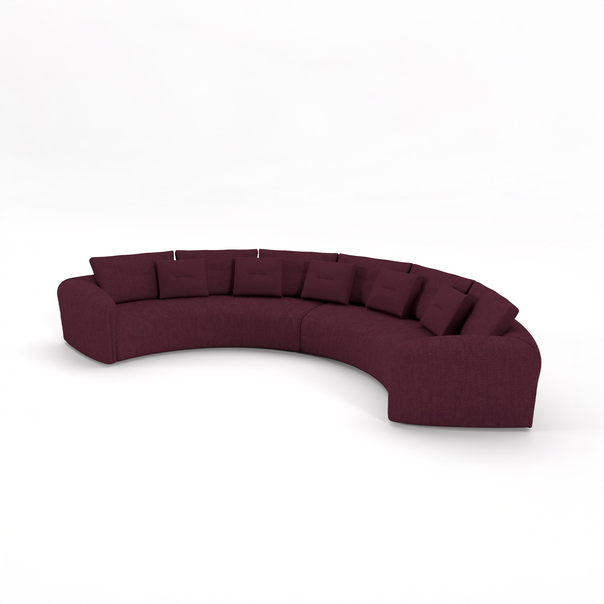 Studio rendering of Quentin Amphitheatre Circular Modular Sofa in burgundy fabric.