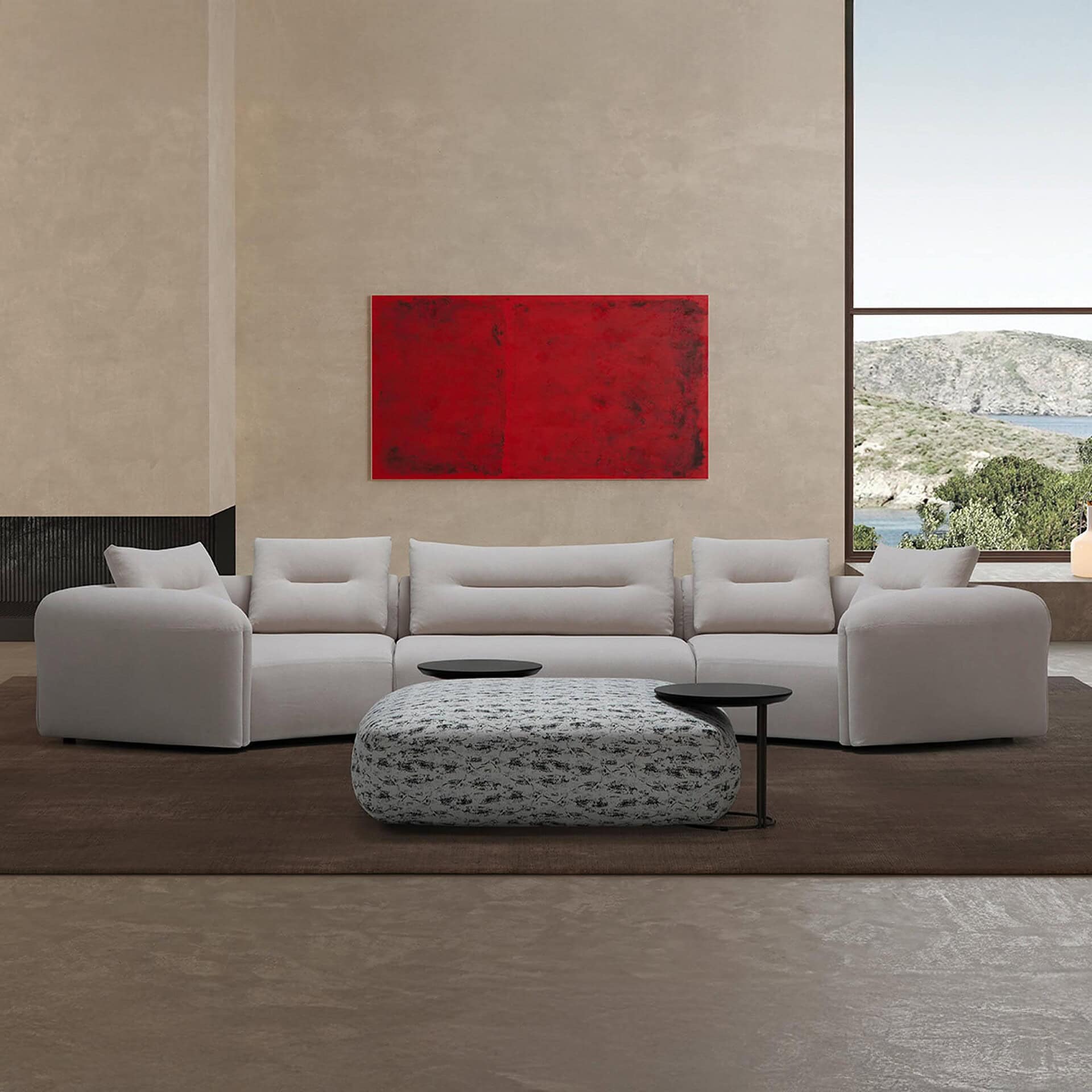 Quentin Angular Modular Sectional Sofa in white fabric with bold red wall art in the background.