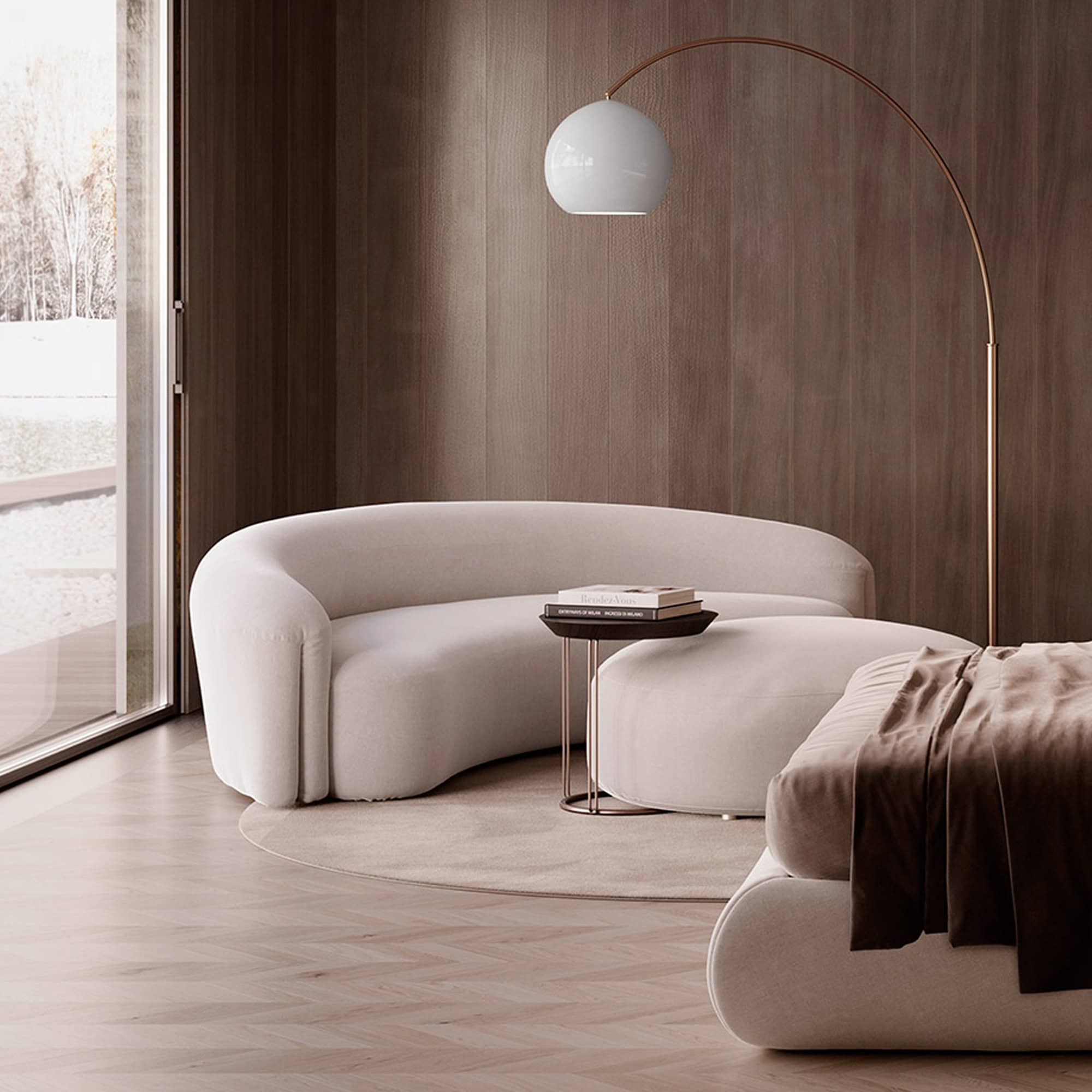 a round white couch and a round lamp in a room