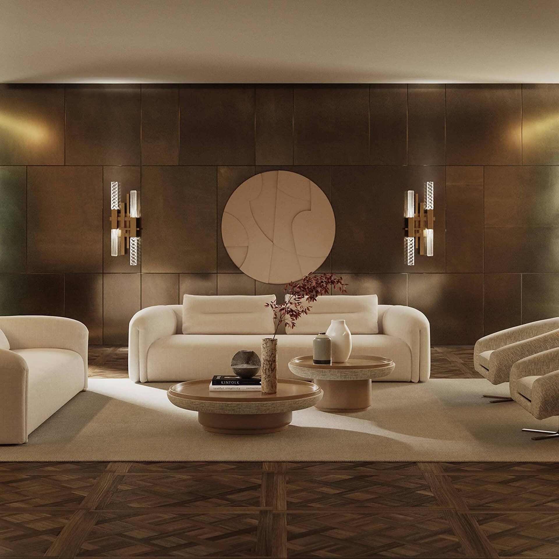 Quentin Linear Upholstered Sofa in cream upholstery, styled in a warm-toned room with circular wall art and mood lighting.