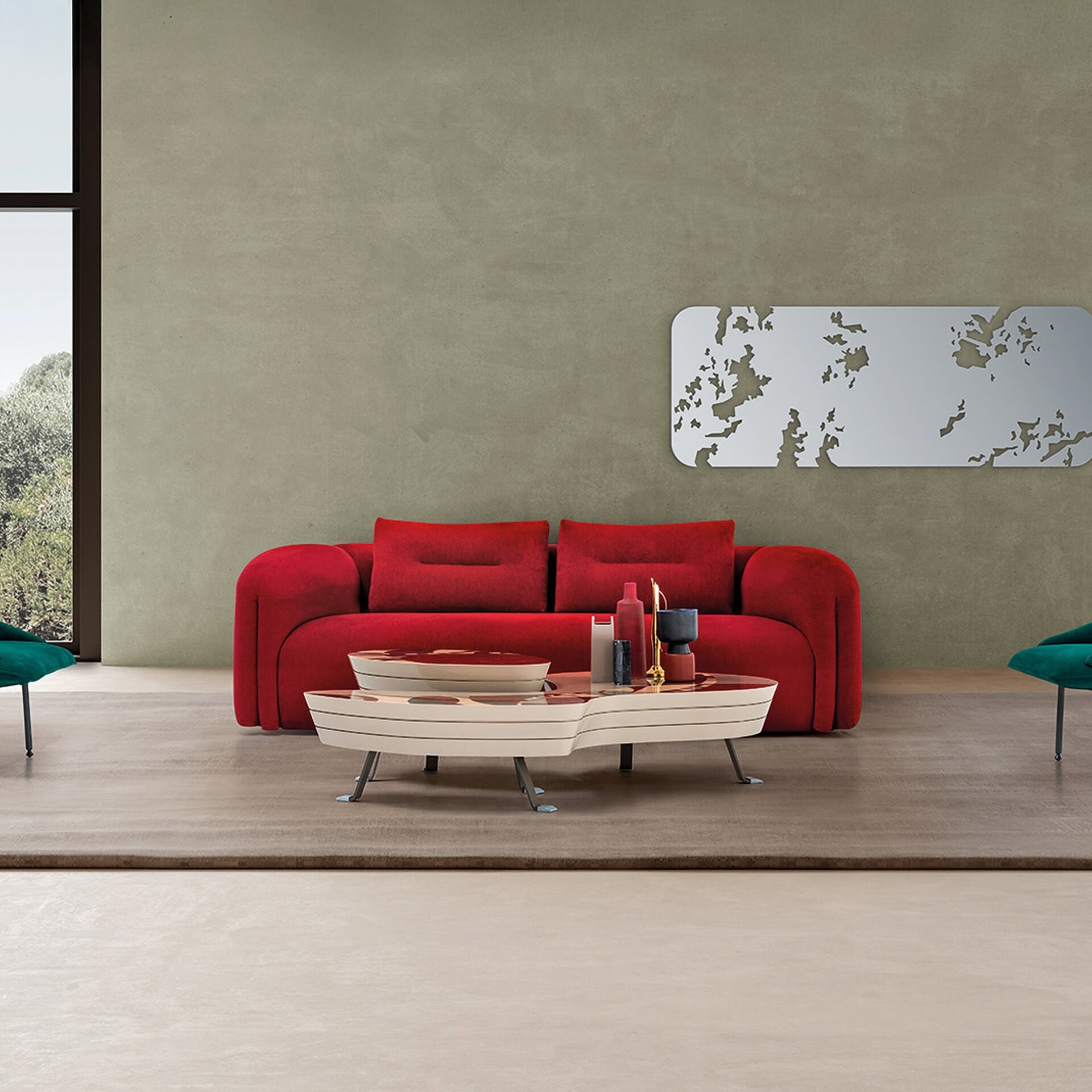 Quentin Linear Upholstered Sofa in bold red upholstery adding a pop of color to a modern interior.