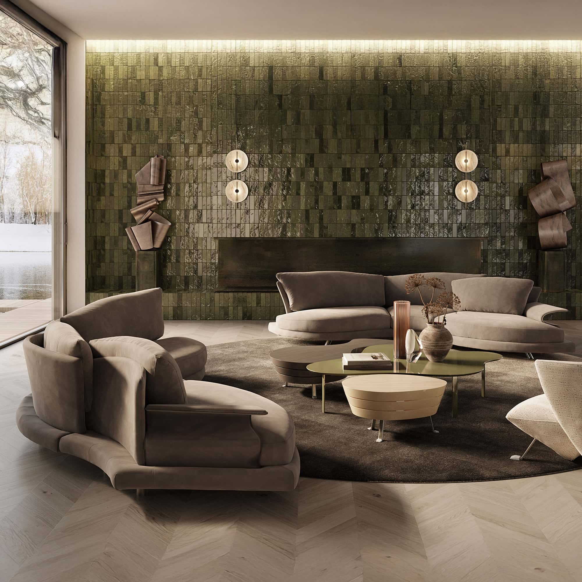 a living room with a large glass door