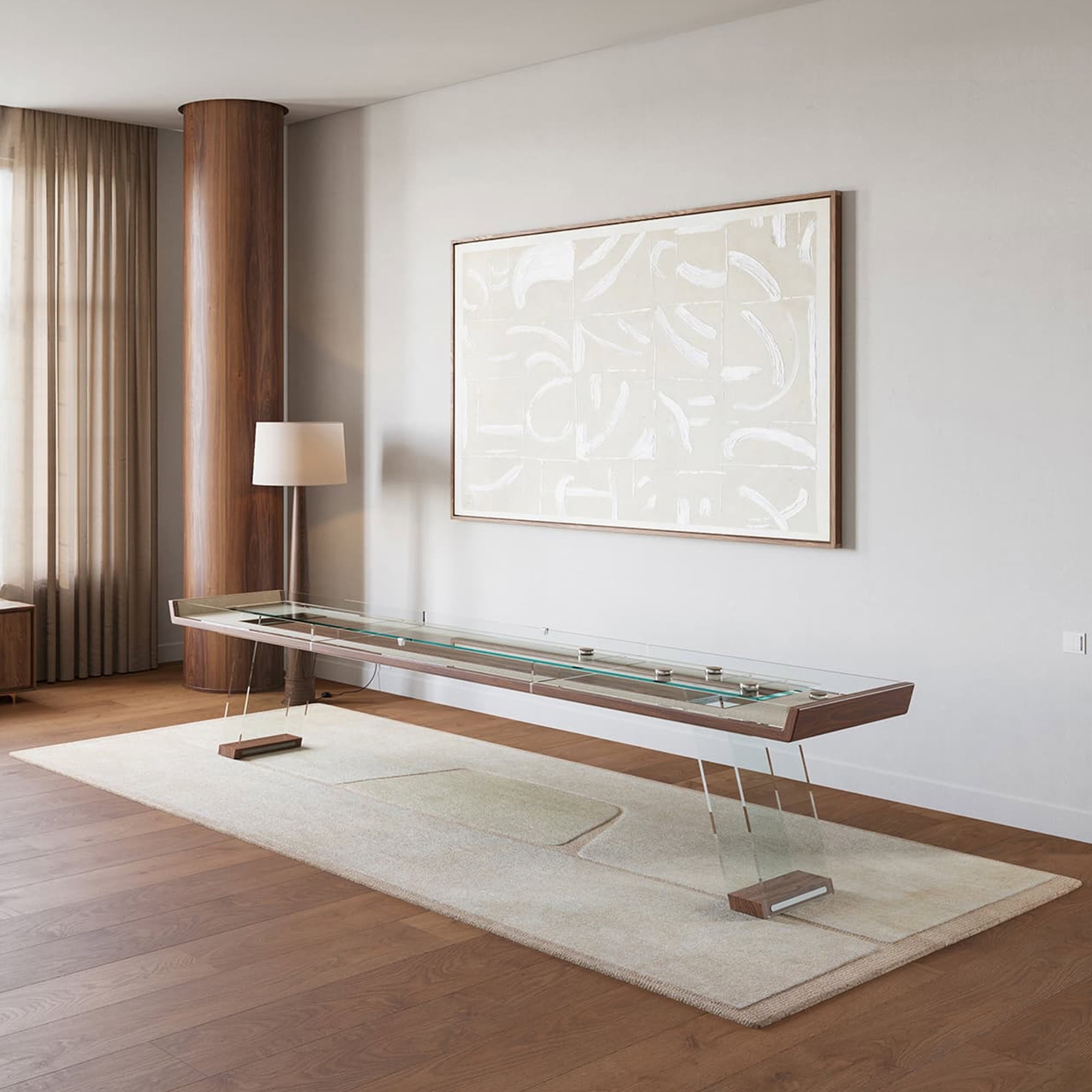 a glass table in a room