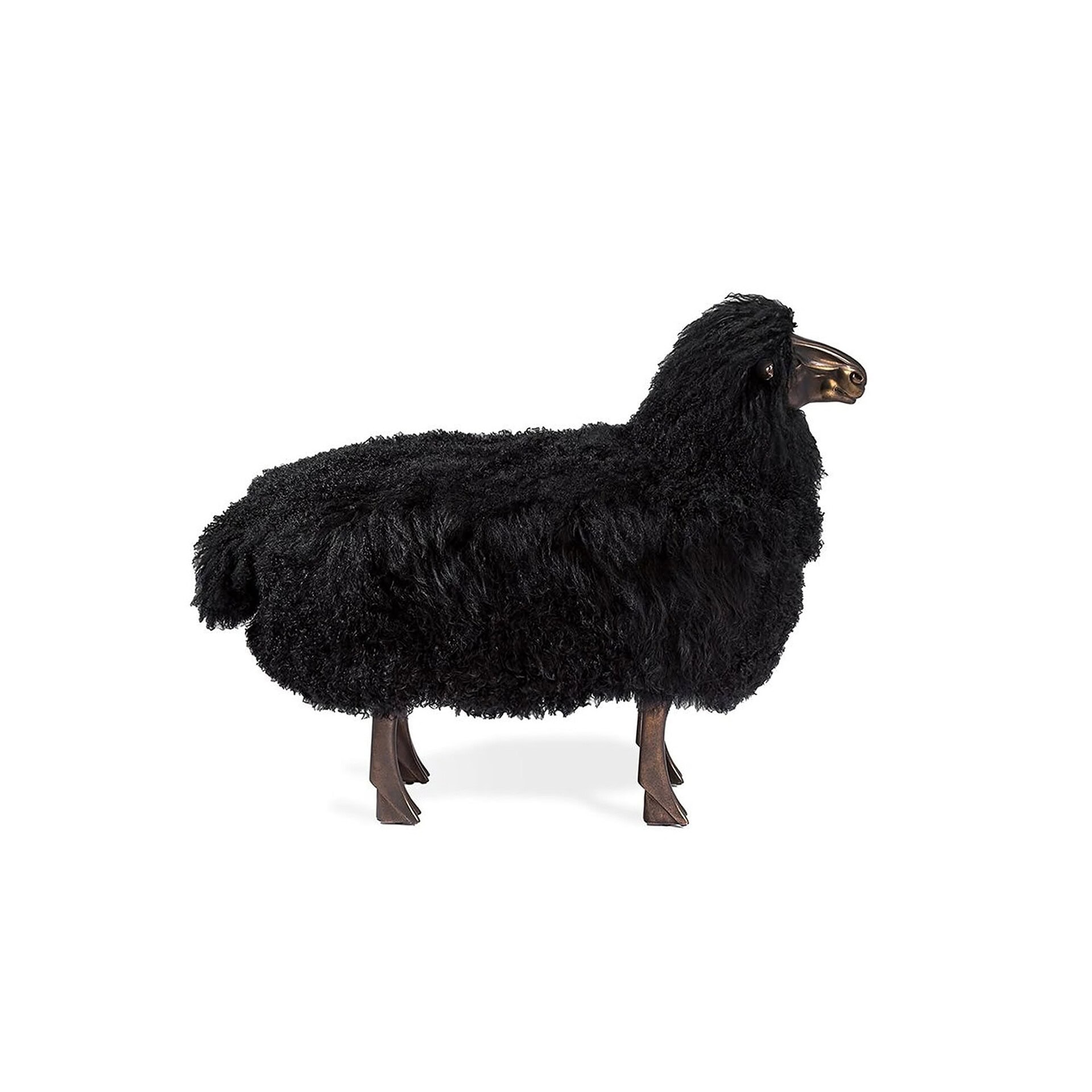 Side view of Leon Sheep Statue in black sheepskin with antique bronze legs and sculpted face.