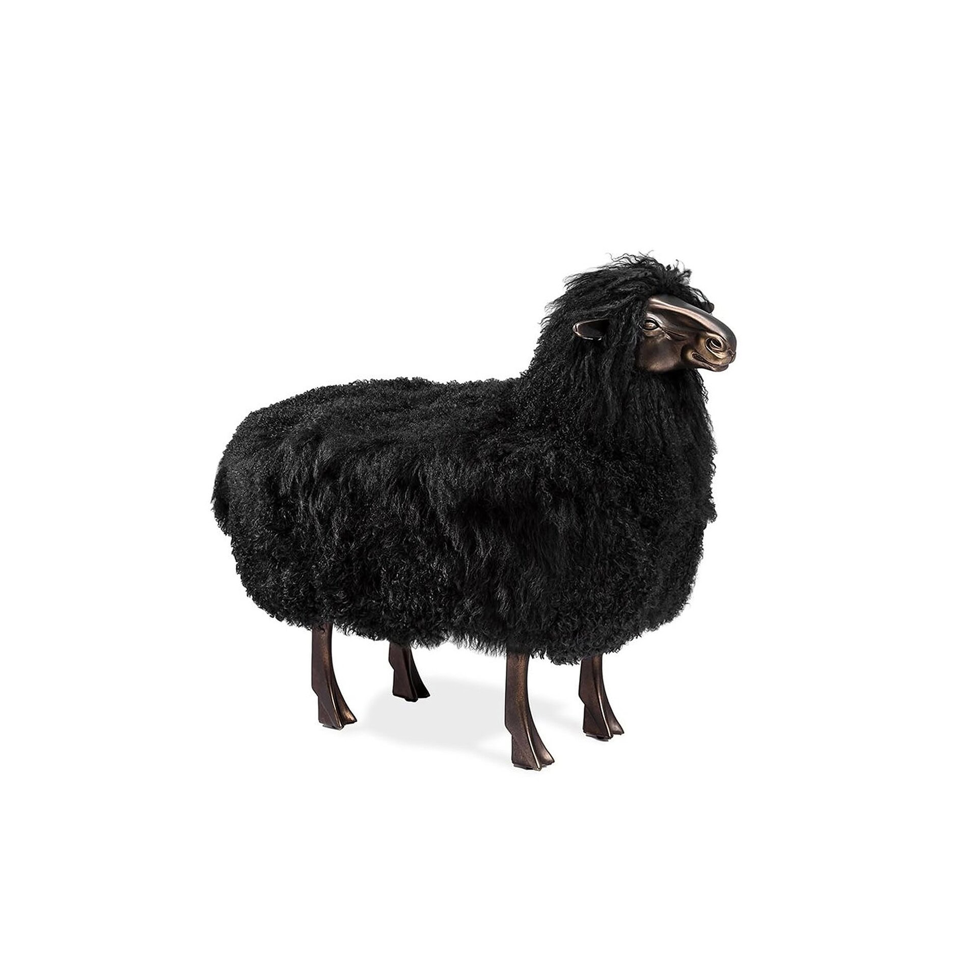 Angled view of Leon Sheep Statue featuring genuine black sheepskin upholstery and bronze patina finish.