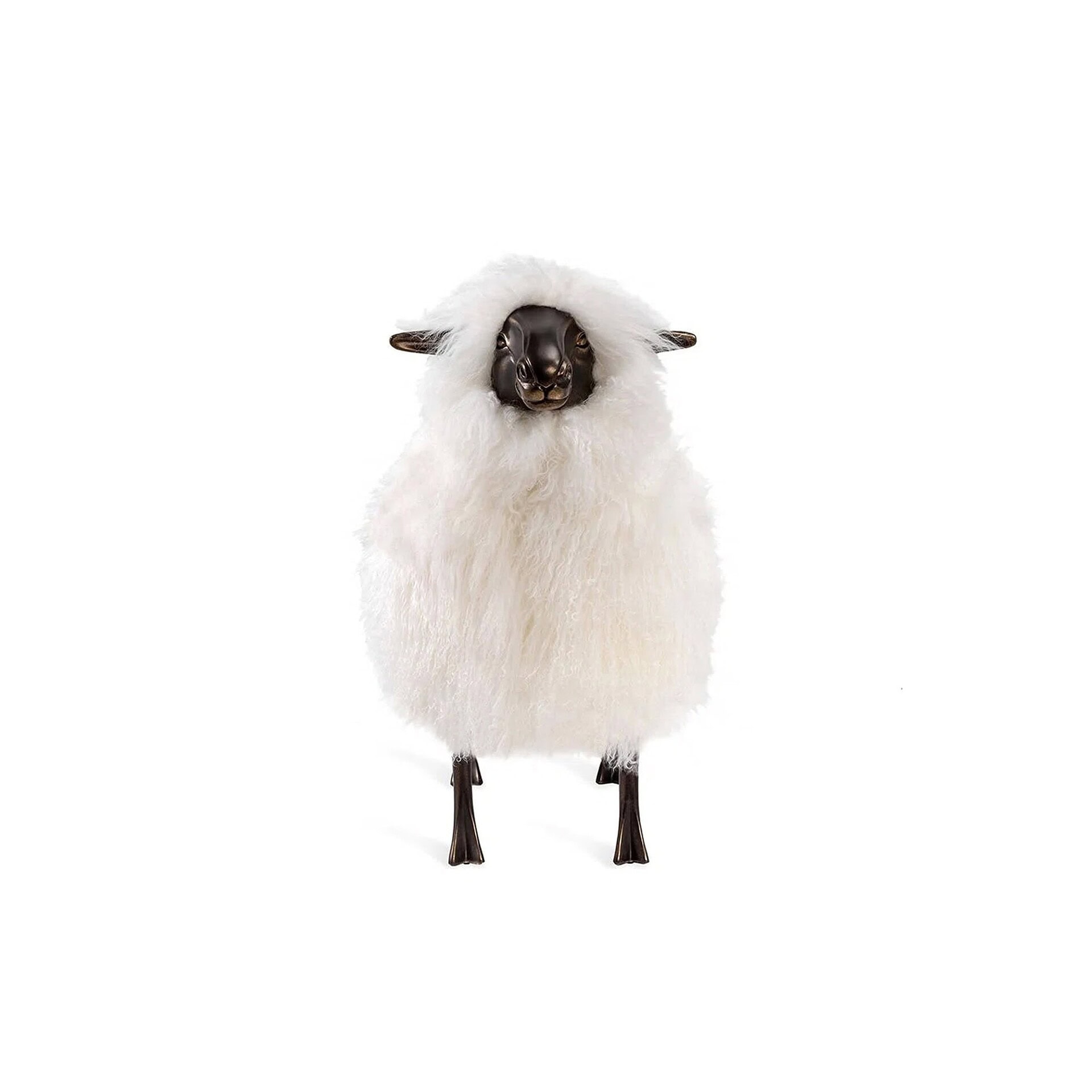 Front view of Phillippe Sheep Statue in ivory sheepskin with bronze-finished legs and sculpted face.