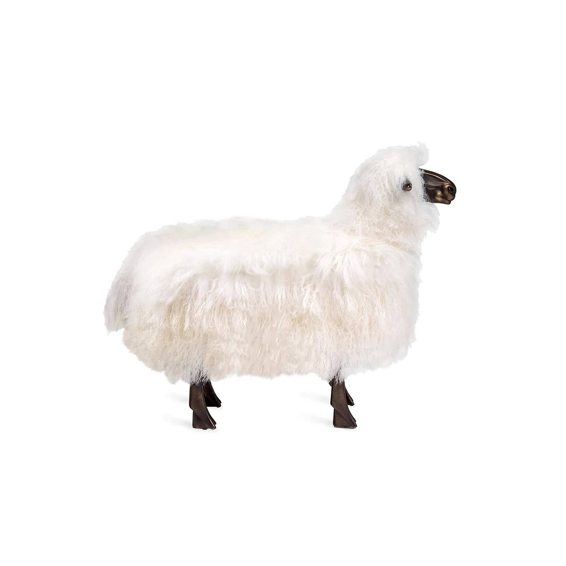 Angled view of Phillippe Sheep Statue in ivory sheepskin highlighting lifelike form and sculptural detail.