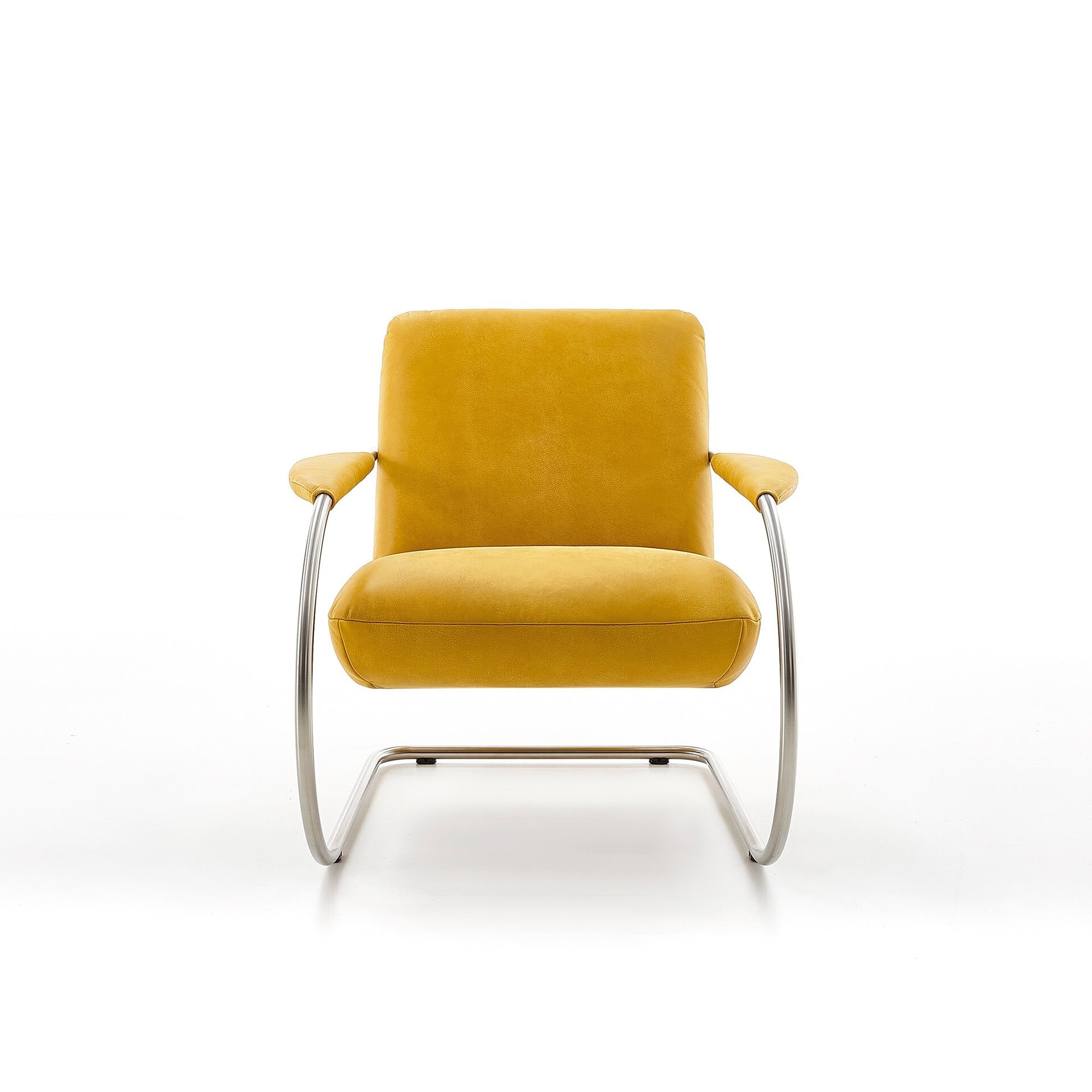 Front view of the Jumper Cantilever Armchair in yellow upholstery with chrome base.