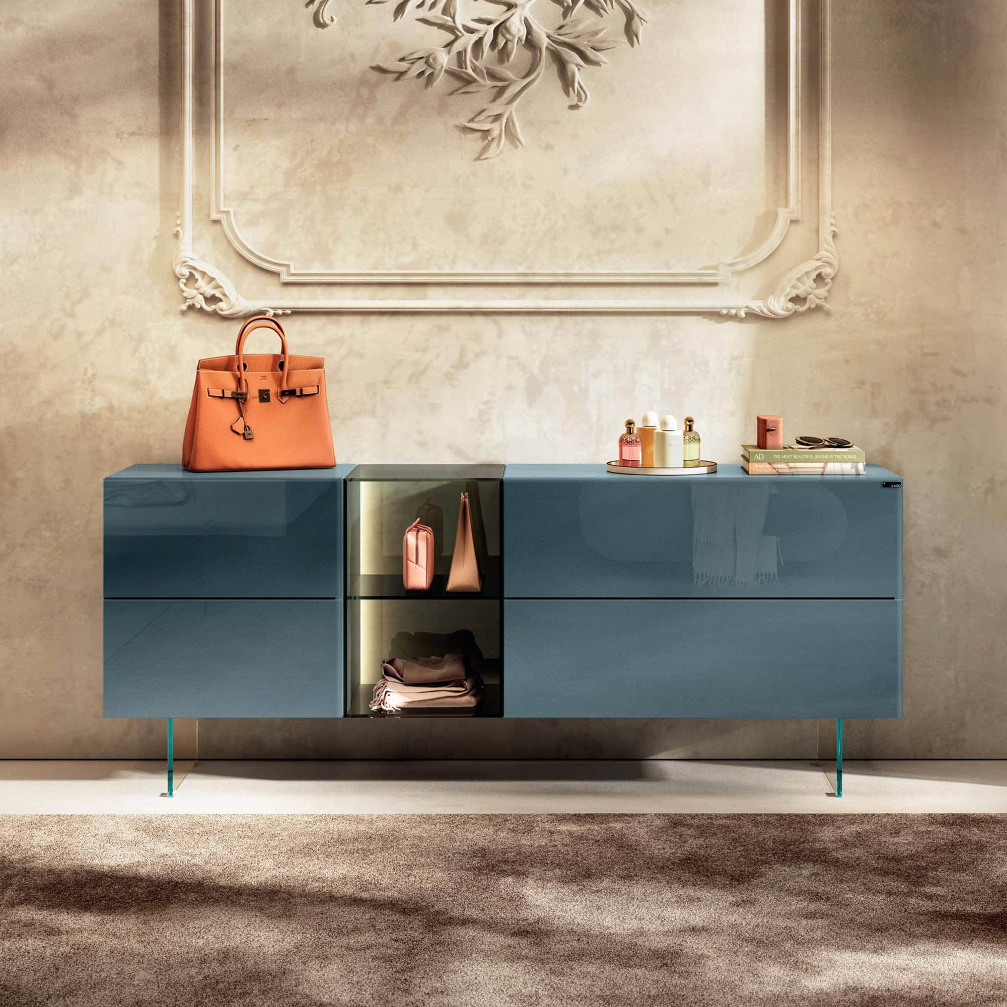 Stylish blue glass dresser with modular design, perfect for contemporary bedrooms and elegant storag.