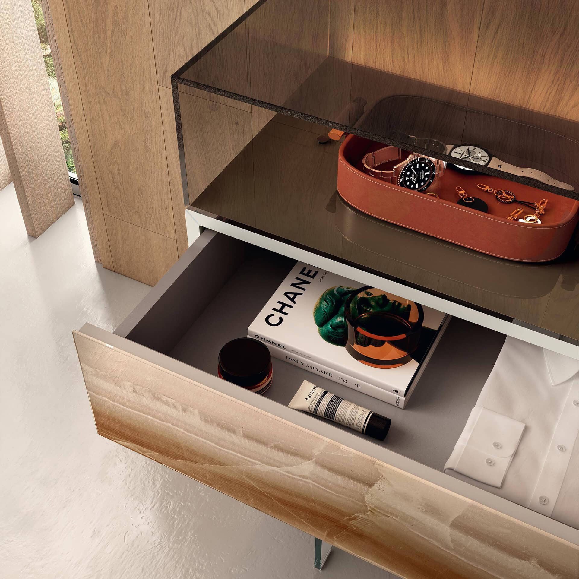 Elegant glass dresser with spacious drawers for stylish bedroom storage solutions.